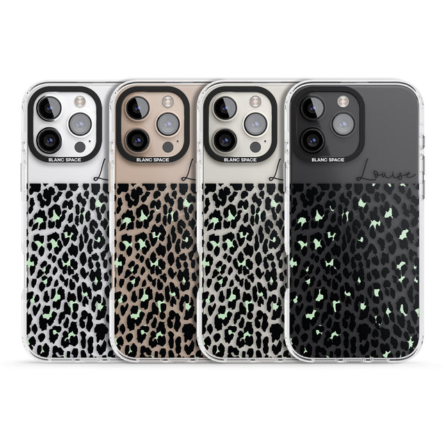 iPhone 16 Pro Max Personalised Seafoam Green & Cursive Leopard Spots Black Impact Phone Case