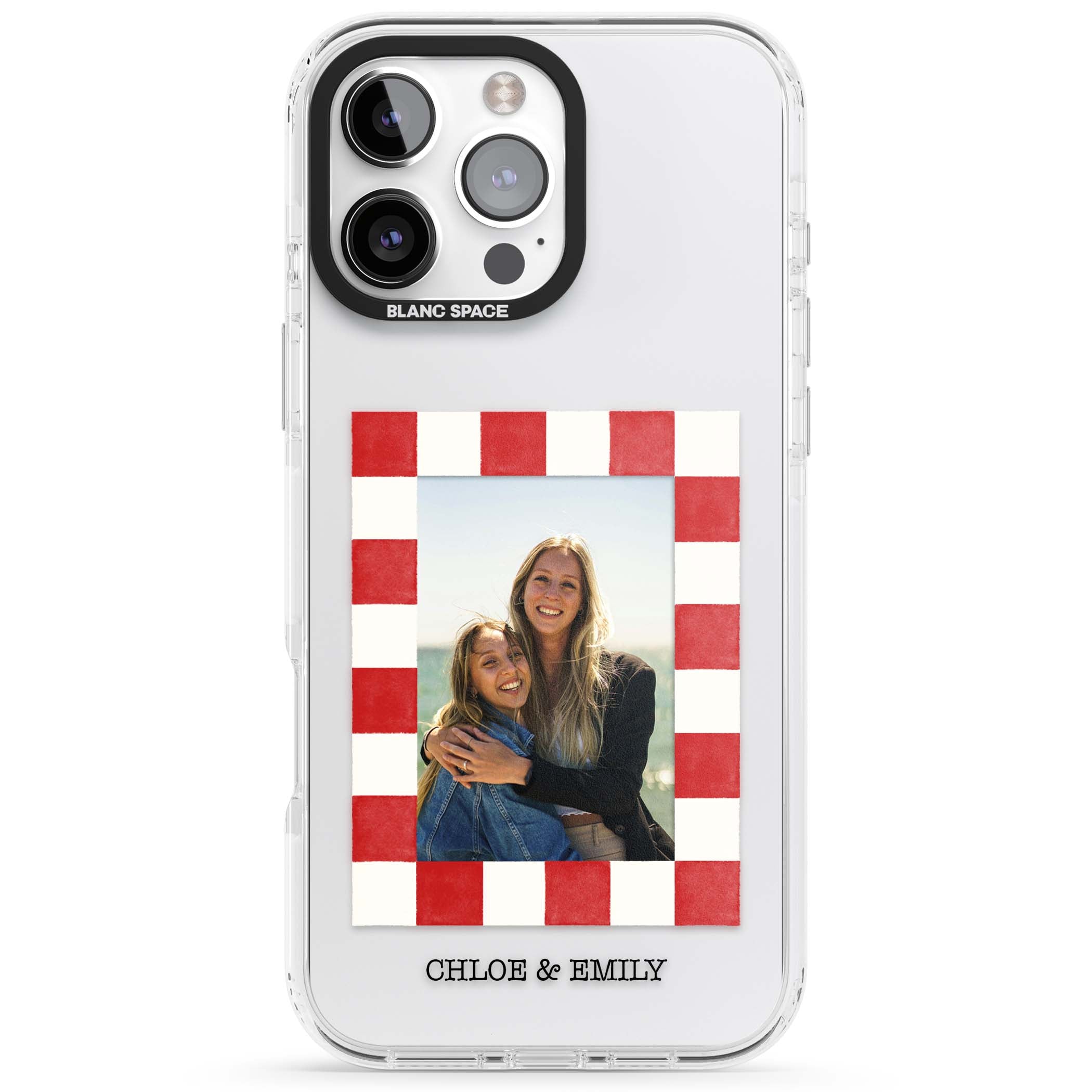 Red Check Photo personalised photo iPhone case with red and white checkered polaroid frame and custom couple name | Clear Impact case for iPhone 16 Pro, iPhone 16 Pro Max