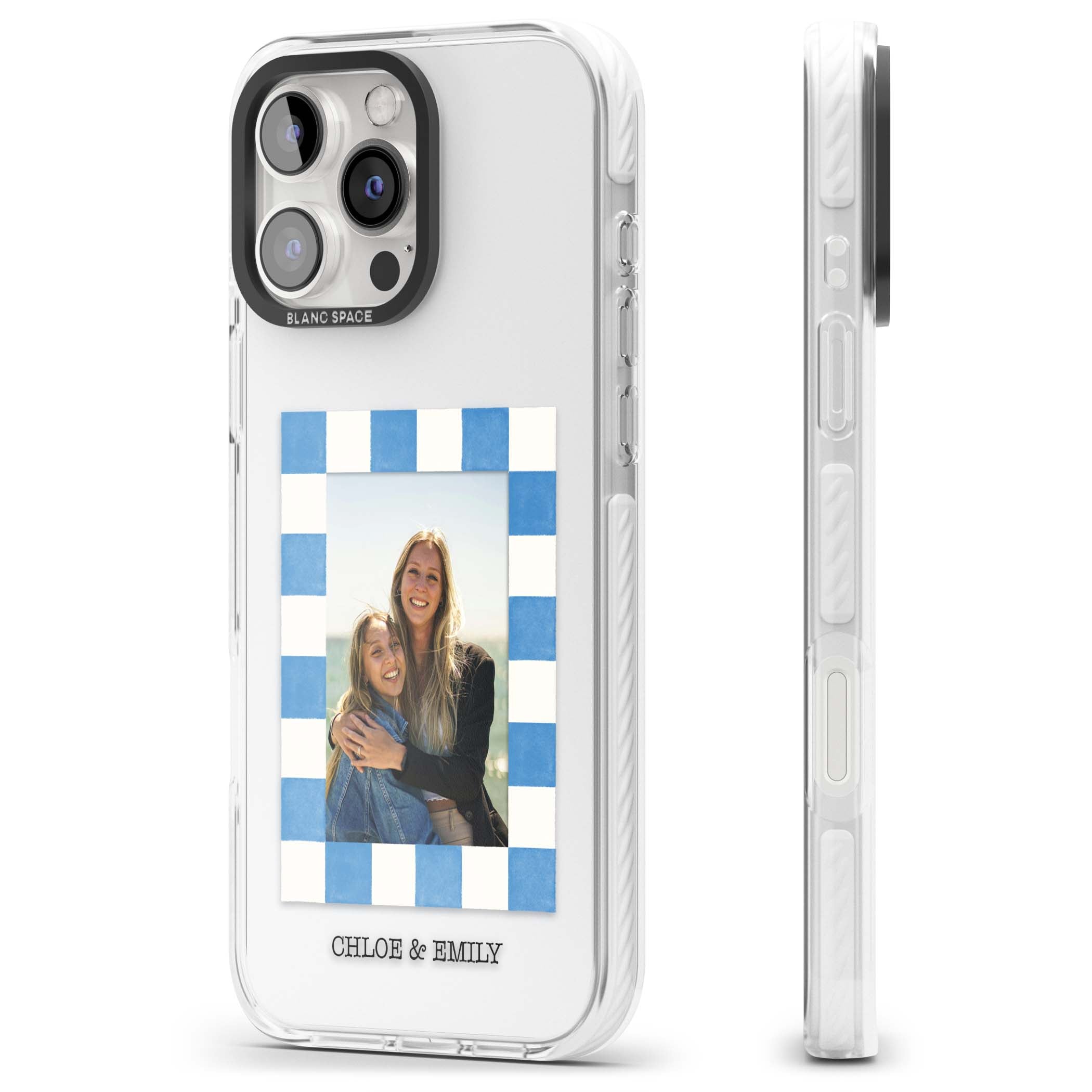 Blue Check Photo personalised photo iPhone case with blue checkered frame and custom couple names | Clear Impact case for iPhone 16 Pro, iPhone 16 Pro Max