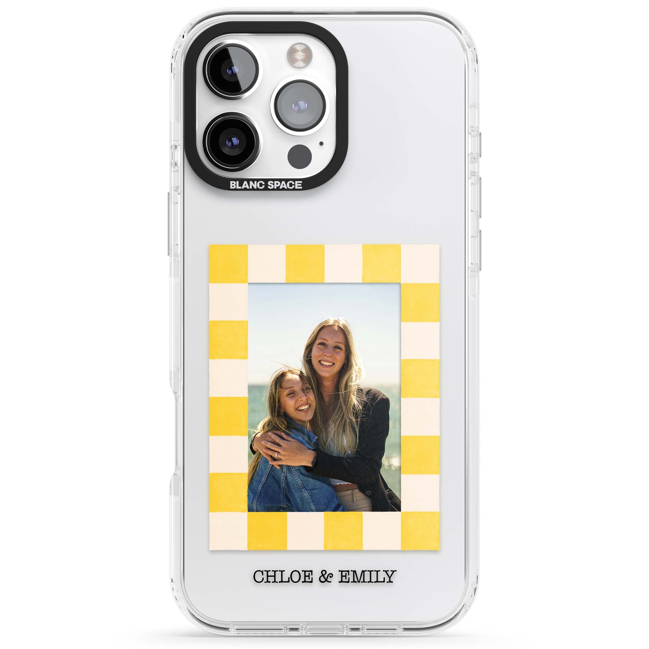 Yellow Check Photo personalised iPhone case with yellow checkered Polaroid frame and custom names beneath | Clear Impact case for iPhone 16 Pro, iPhone 16 Pro Max