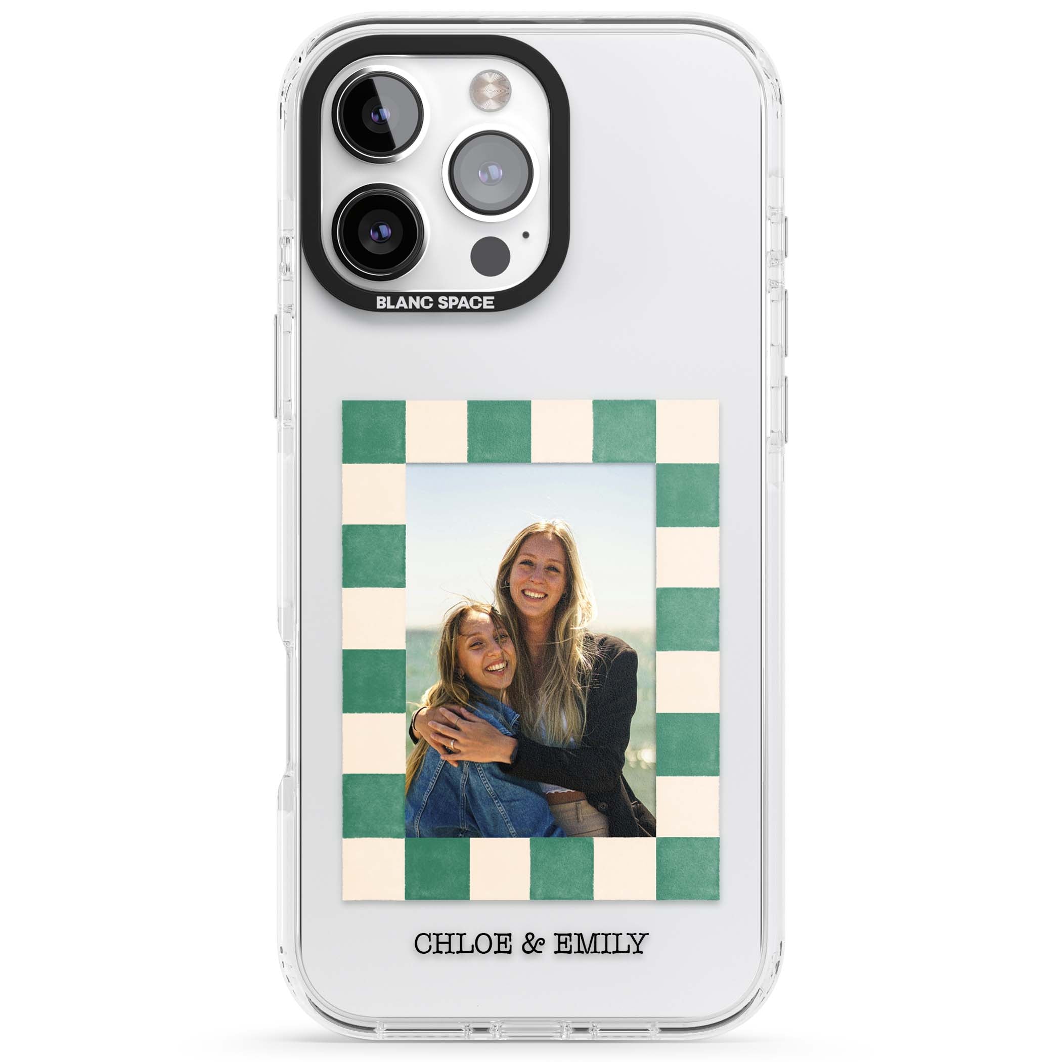Seafoam Check Photo personalised iPhone case featuring a custom polaroid photo, green and cream checkered frame, and custom n | Clear Impact case for iPhone 16 Pro, iPhone 16 Pro Max