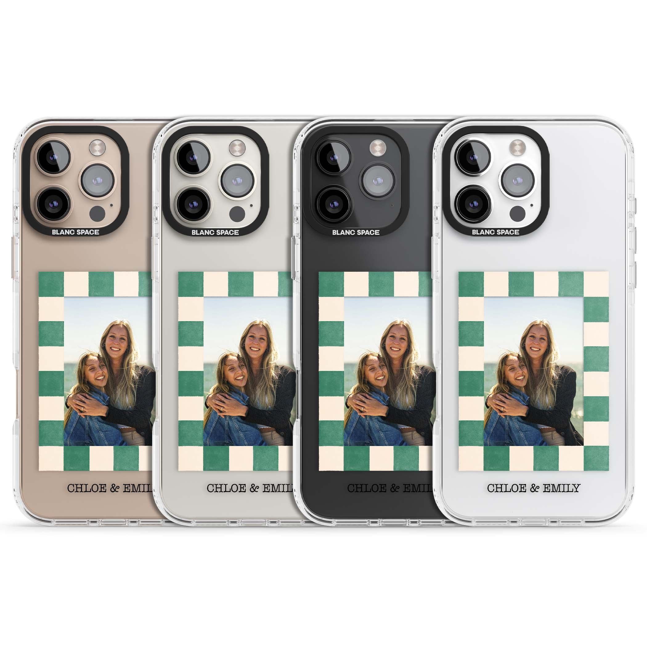 Seafoam Check Photo personalised iPhone case featuring a custom polaroid photo, green and cream checkered frame, and custom n | Clear Impact case for iPhone 16 Pro, iPhone 16 Pro Max