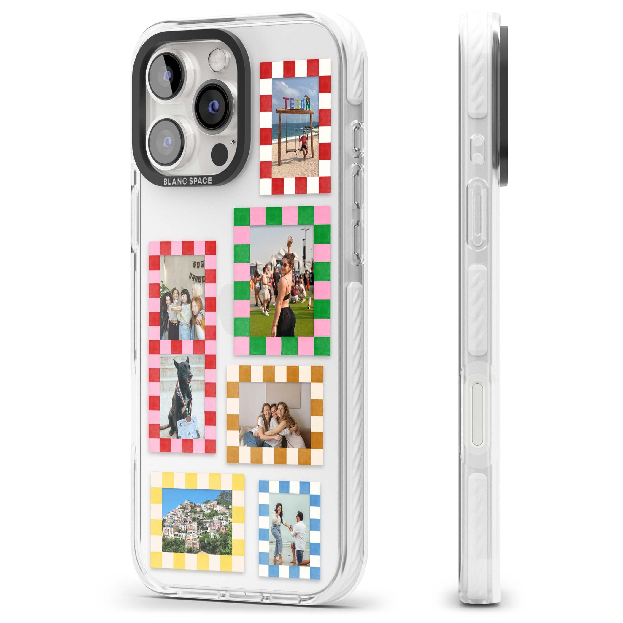 Italian Check Frames custom photo collage iPhone case featuring six checkered photo frames in red, green, pink and  | Clear Impact case for iPhone 16 Pro, iPhone 16 Pro Max