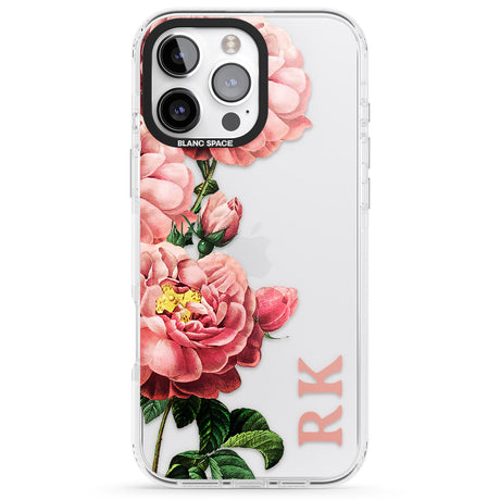 iPhone 16 Pro Max Personalised Clear Vintage Floral Pink Peonies Black Impact Phone Case