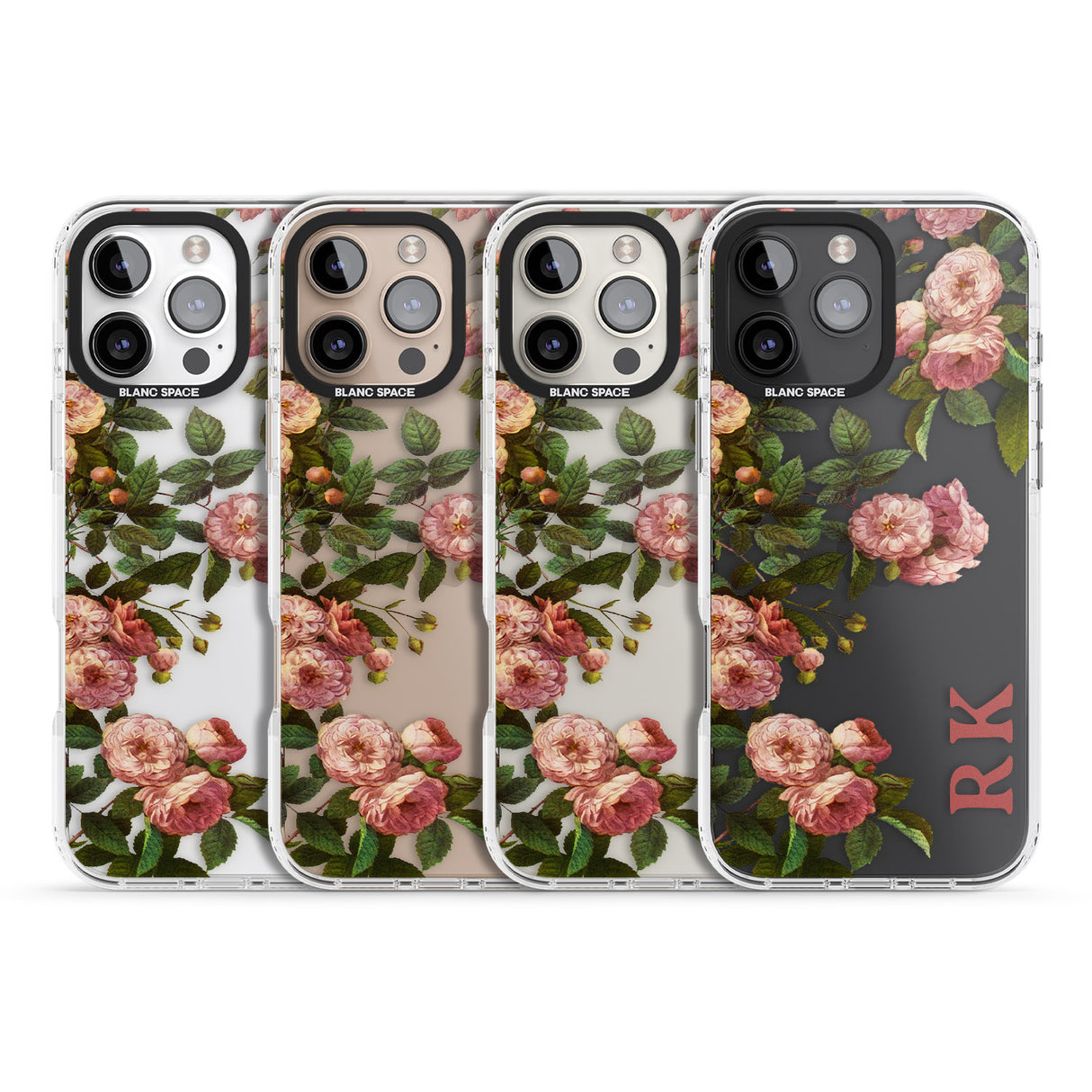 iPhone 16 Pro Max Personalised Clear Vintage Floral Pink Garden Roses Black Impact Phone Case