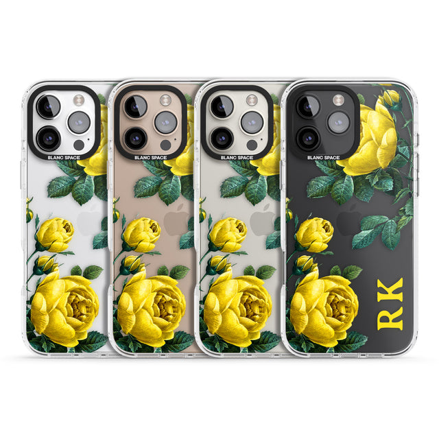 iPhone 16 Pro Max Personalised Clear Vintage Floral Yellow Roses Black Impact Phone Case