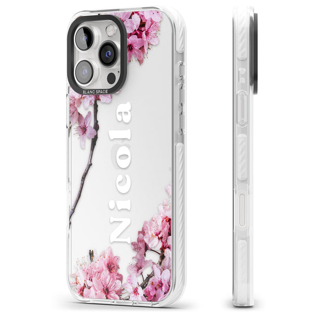 iPhone 16 Pro Max Personalised Cherry Blossoms with Text Black Impact Phone Case