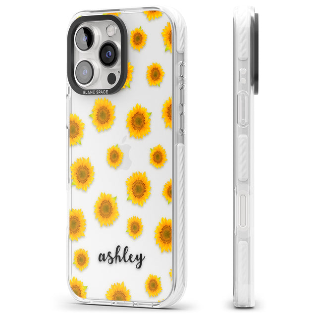 iPhone 16 Pro Max Personalised Sunflowers & Cursive Black Impact Phone Case