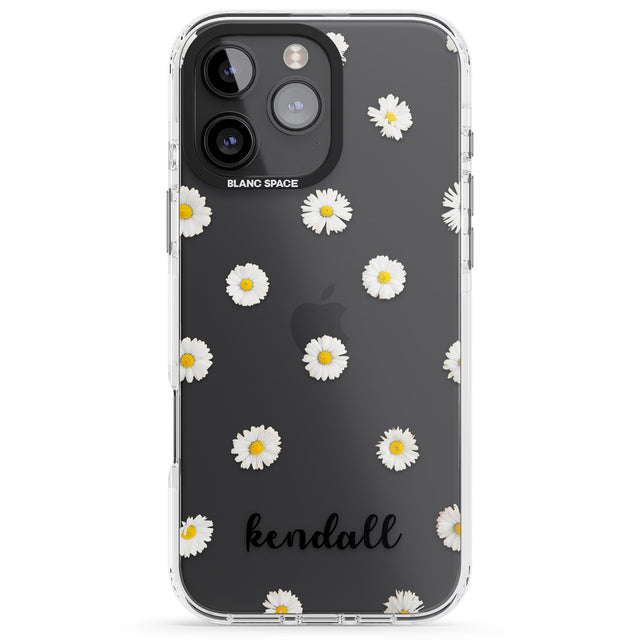 iPhone 16 Pro Max Personalised White Daisies & Cursive Black Impact Phone Case