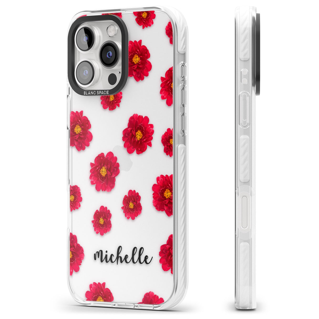 iPhone 16 Pro Max Personalised Red Peonies & Cursive Black Impact Phone Case