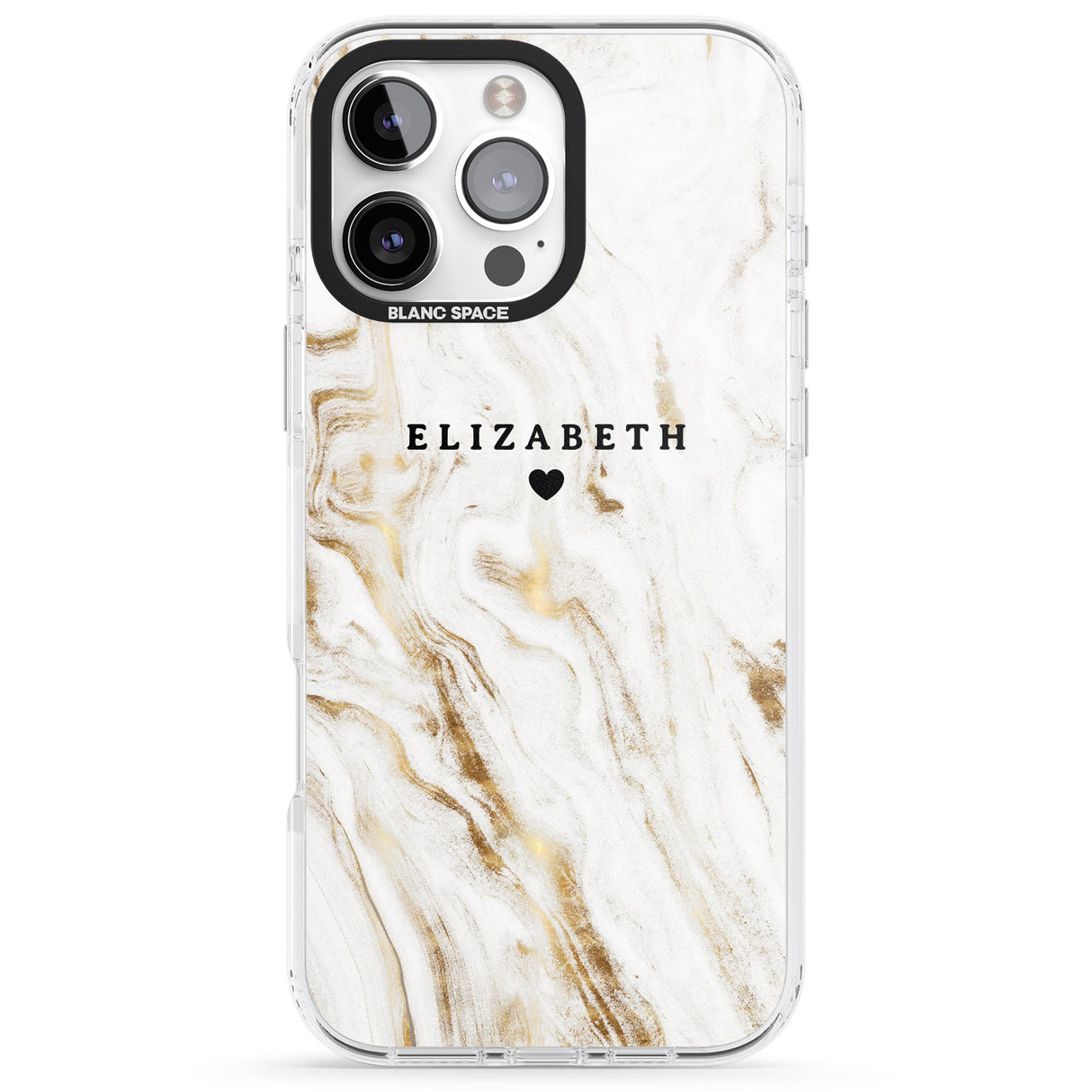 iPhone 16 Pro Max Personalised White & Gold Swirl Marble Black Impact Phone Case