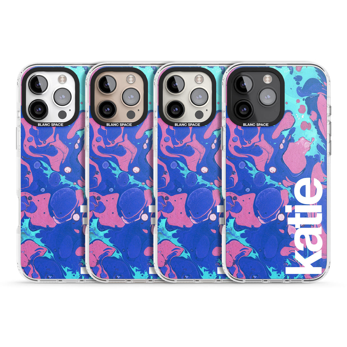 iPhone 16 Pro Max Personalised Navy, Turquoise + Purple - Marbled Black Impact Phone Case