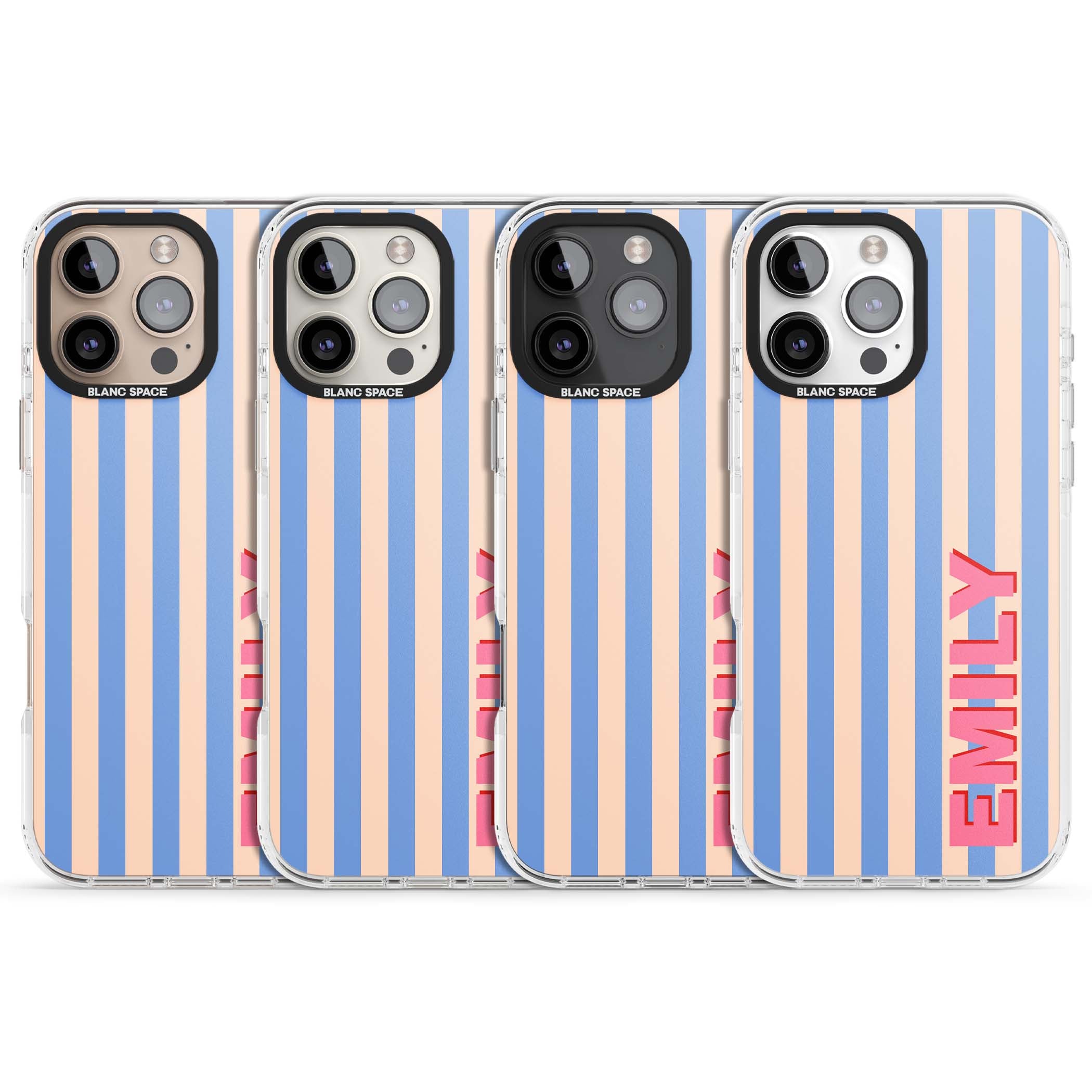 Coastal Stripe personalised coastal iPhone case with blue and peach vertical stripes and custom pink name | Clear Impact case for iPhone 16 Pro, iPhone 16 Pro Max