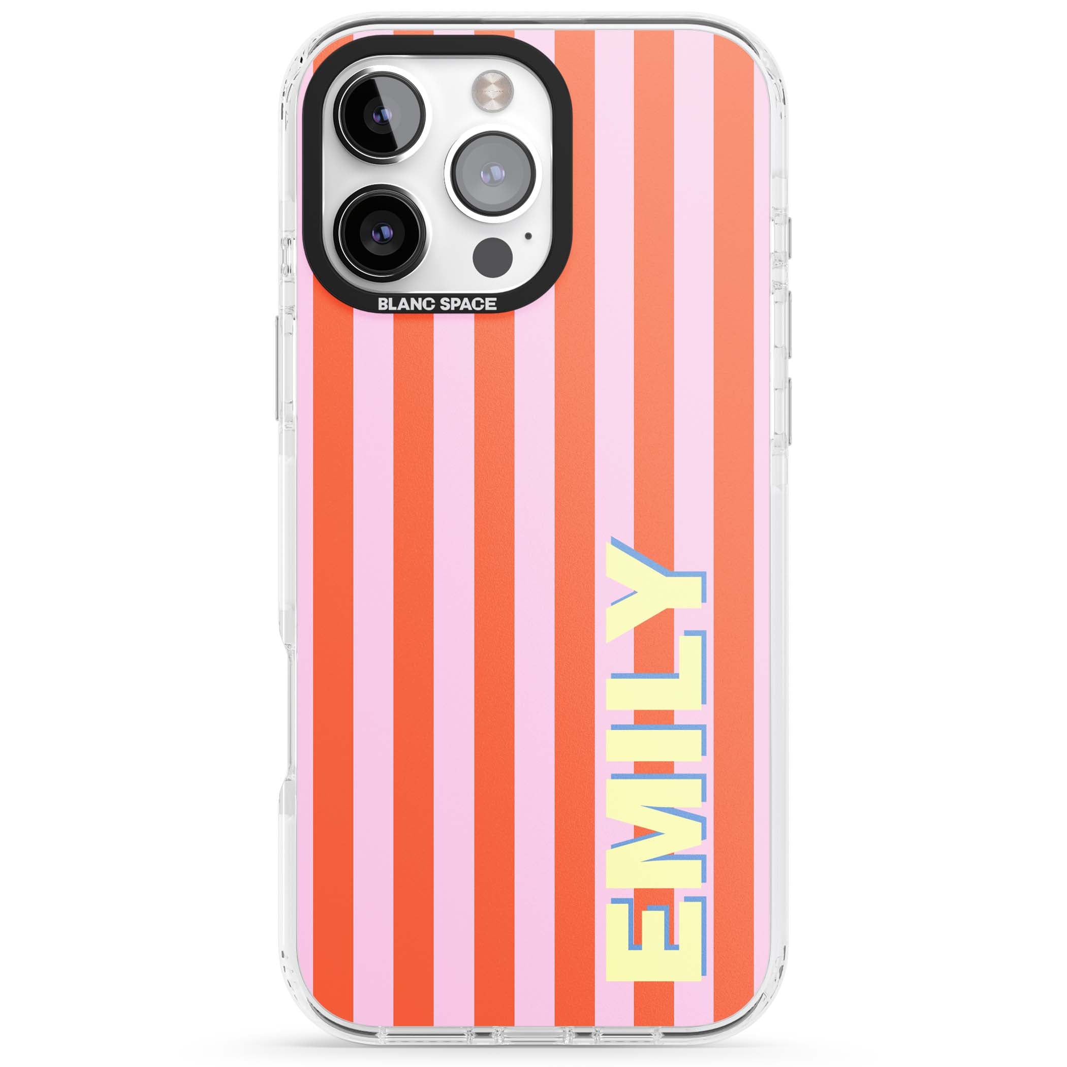 Havana Stripe personalised iPhone case featuring pink and orange vertical stripes with a custom yellow name | Clear Impact case for iPhone 16 Pro, iPhone 16 Pro Max