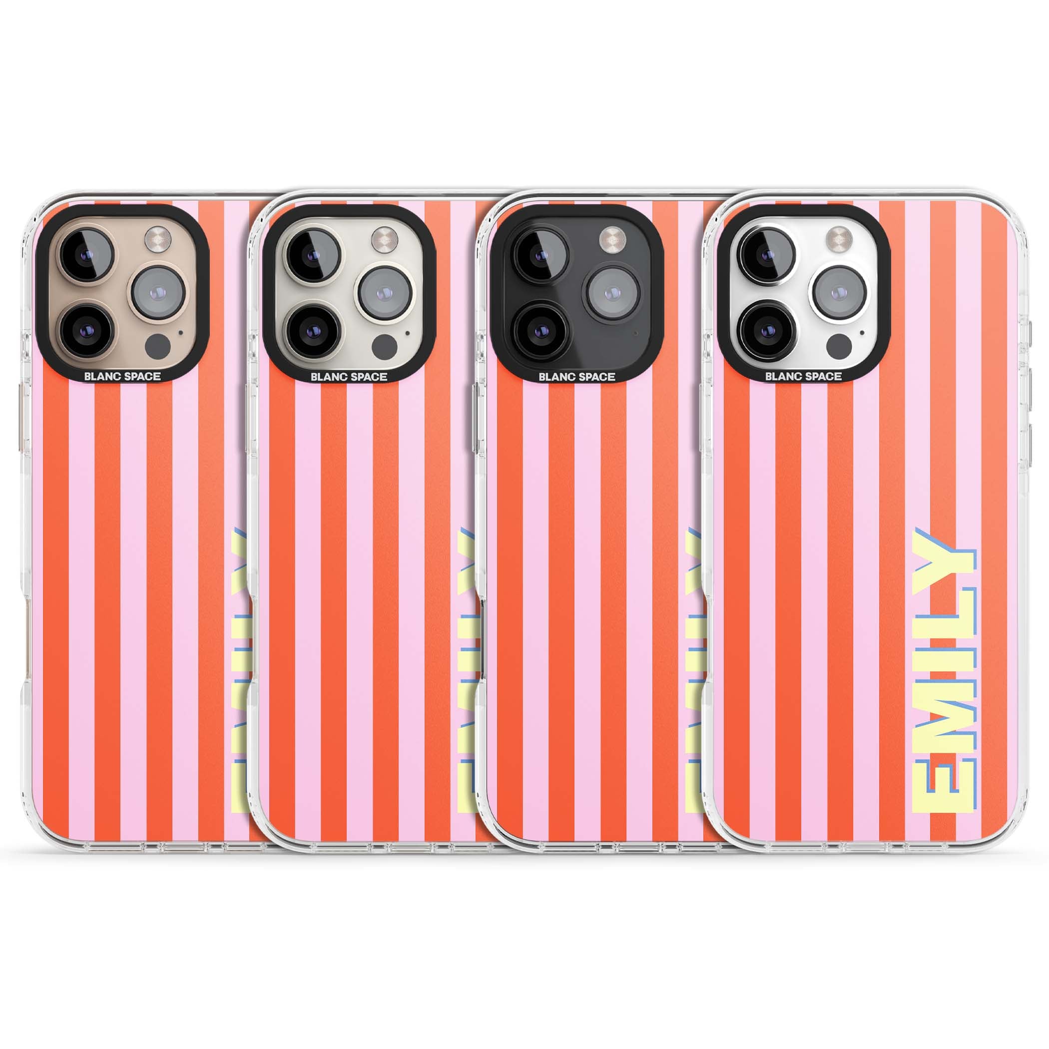Havana Stripe personalised iPhone case featuring pink and orange vertical stripes with a custom yellow name | Clear Impact case for iPhone 16 Pro, iPhone 16 Pro Max