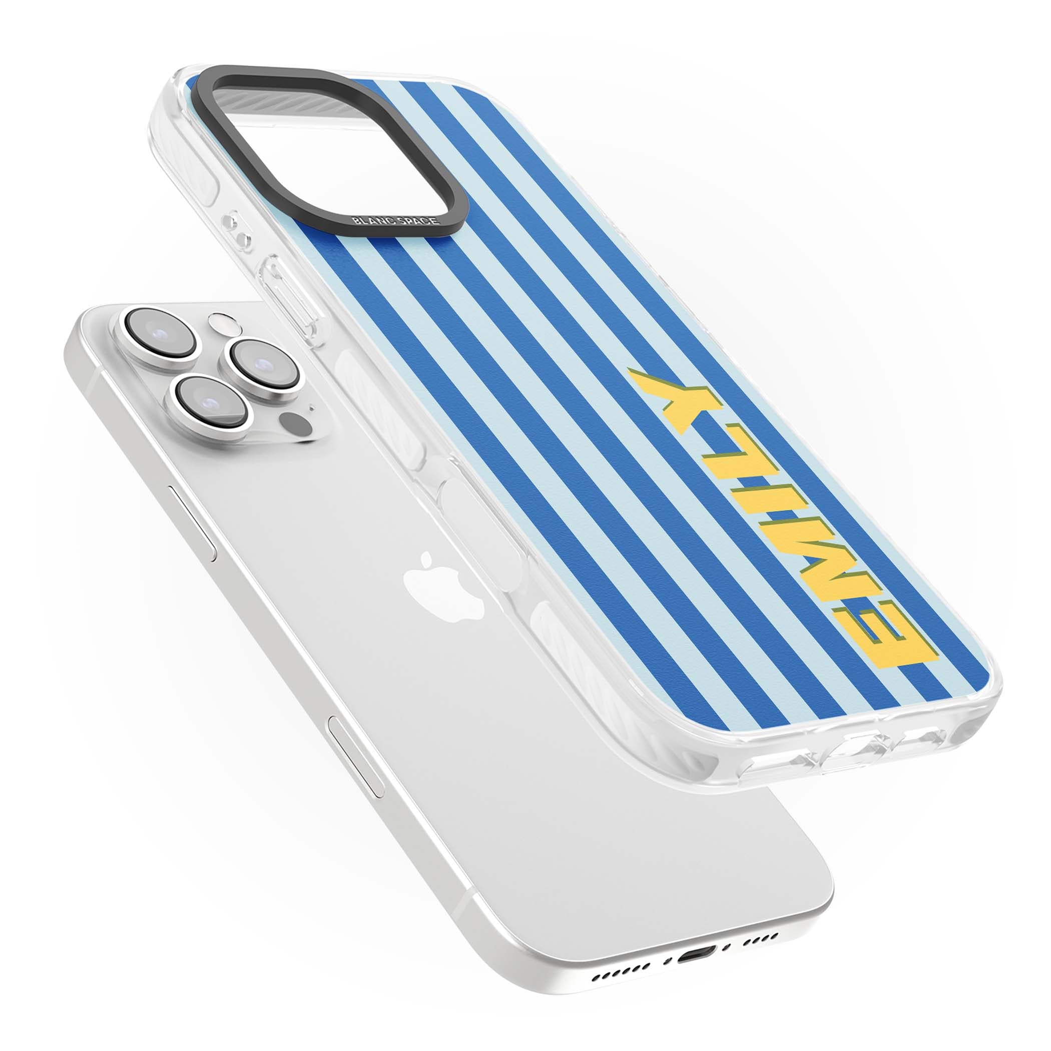 Athenian Stripe personalised preppy iPhone case featuring blue vertical stripes and a custom yellow name | Clear Impact case for iPhone 16 Pro, iPhone 16 Pro Max
