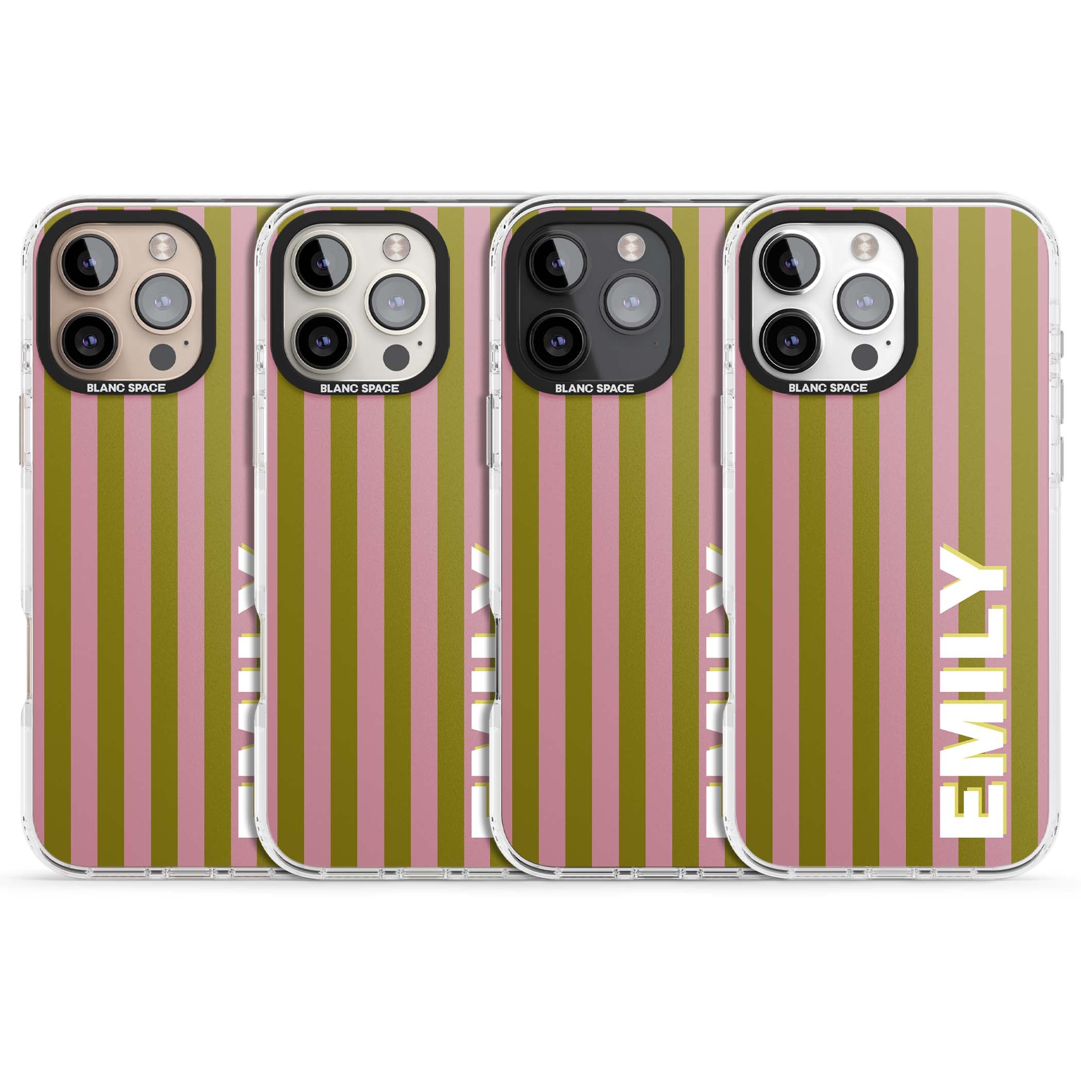Istanbul Stripe personalised iPhone case featuring pink and olive green vertical stripes with a custom vertical name | Clear Impact case for iPhone 16 Pro, iPhone 16 Pro Max