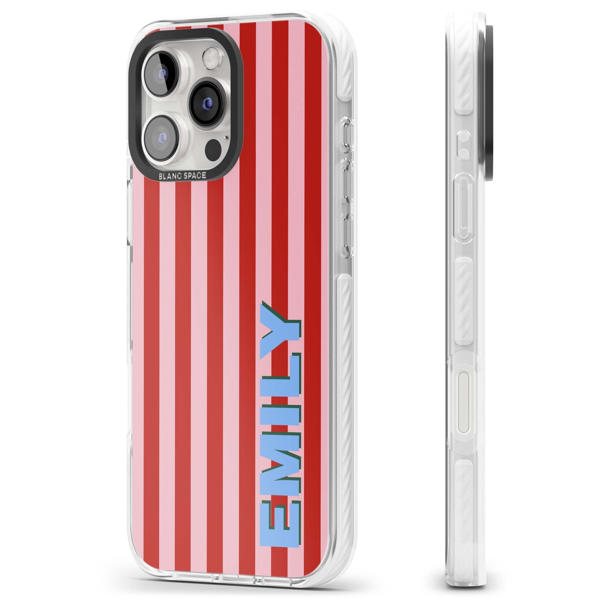 Market Stripe personalised iPhone case with red and pink vertical stripes and custom blue name | Clear Impact case for iPhone 16 Pro, iPhone 16 Pro Max