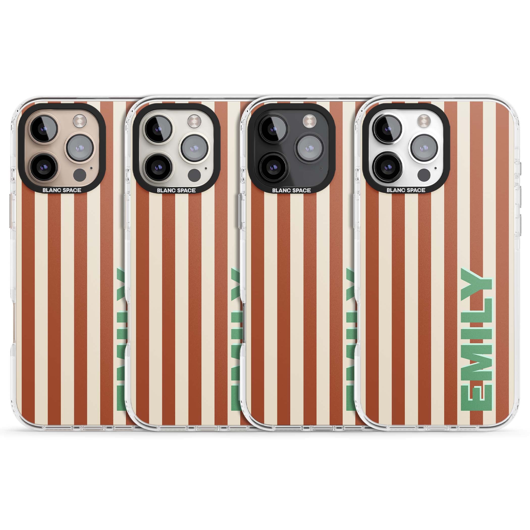Dune Stripe personalised iPhone case with rust and cream vertical stripes and custom name in mint green | Clear Impact case for iPhone 16 Pro, iPhone 16 Pro Max