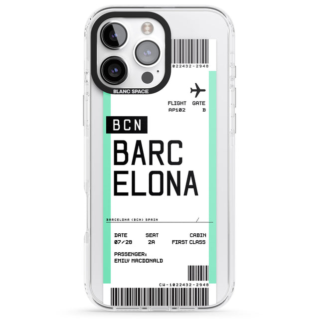 iPhone 16 Pro Max Personalised Barcelona Boarding Pass Black Impact Phone Case