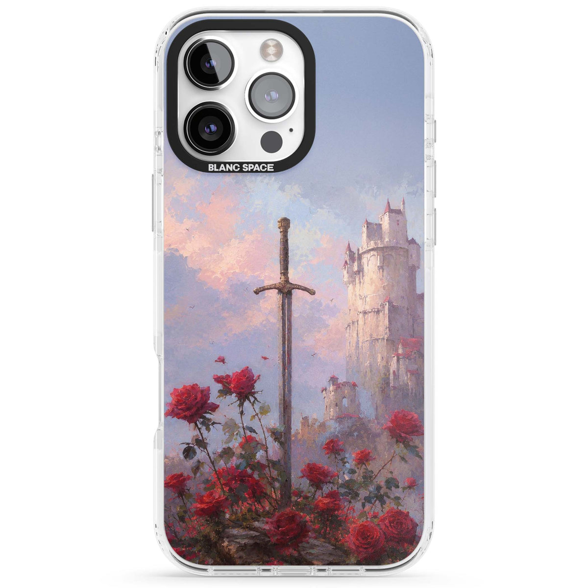 Sword in Roses medieval art iPhone case featuring a sword, red roses, and a misty fairytale castle at sunset | Clear Impact case for iPhone 16 Pro, iPhone 16 Pro Max