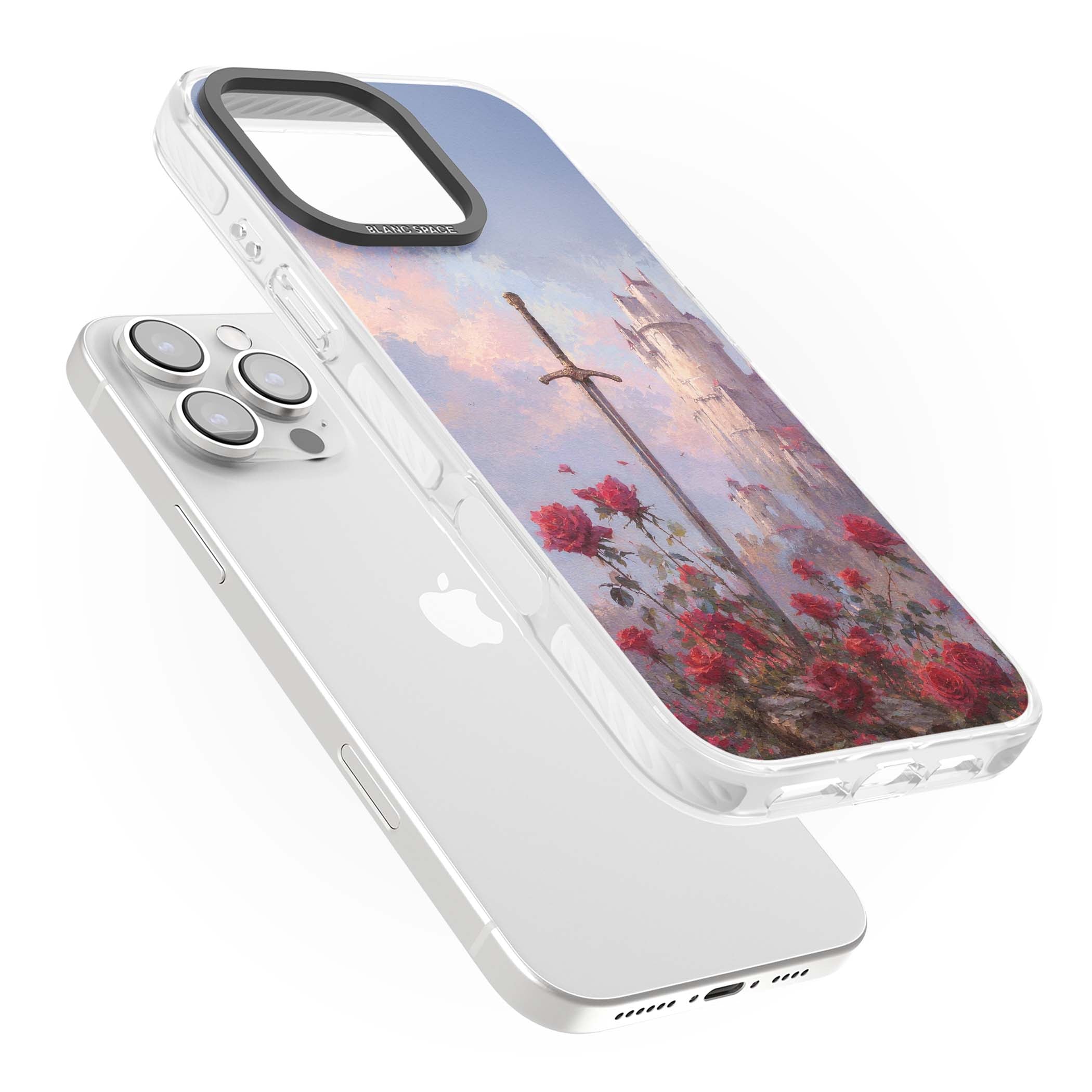 Sword in Roses medieval art iPhone case featuring a sword, red roses, and a misty fairytale castle at sunset | Clear Impact case for iPhone 16 Pro, iPhone 16 Pro Max