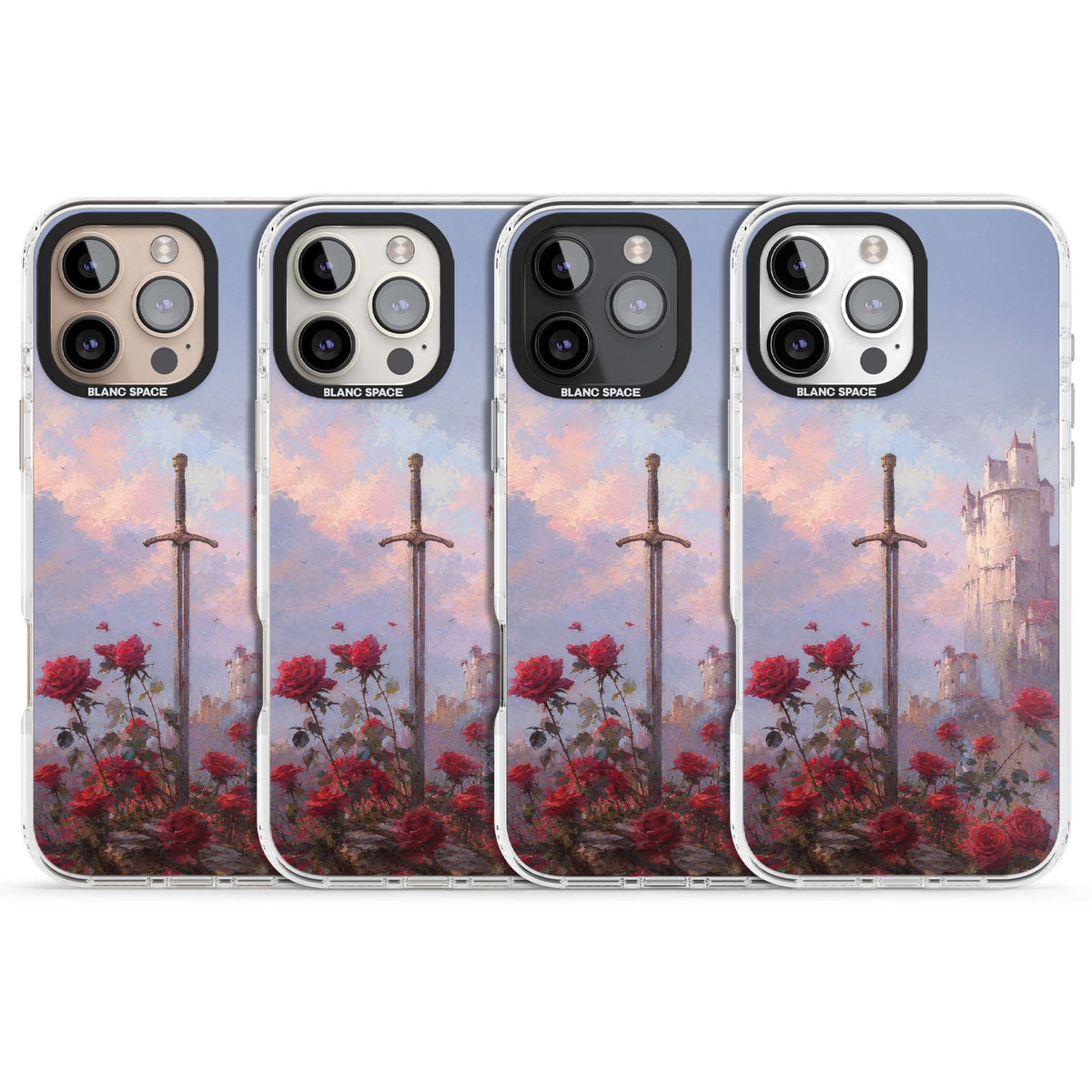 Sword in Roses medieval art iPhone case featuring a sword, red roses, and a misty fairytale castle at sunset | Clear Impact case for iPhone 16 Pro, iPhone 16 Pro Max