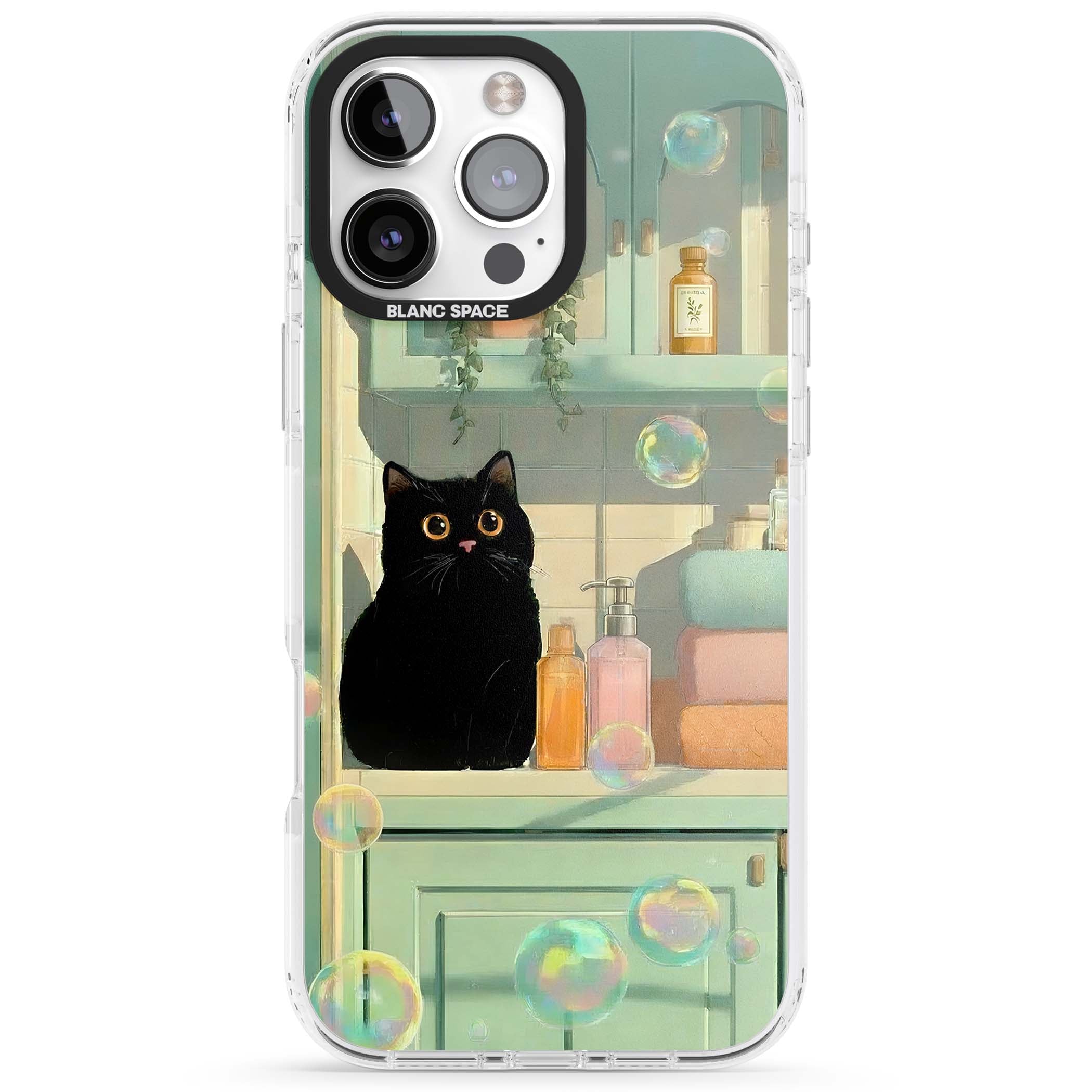 Bathroom Bubble Kitty cottagecore iPhone case featuring a black cat, mint bathroom scene and floating soap bubbles | Clear Impact case for iPhone 16 Pro, iPhone 16 Pro Max