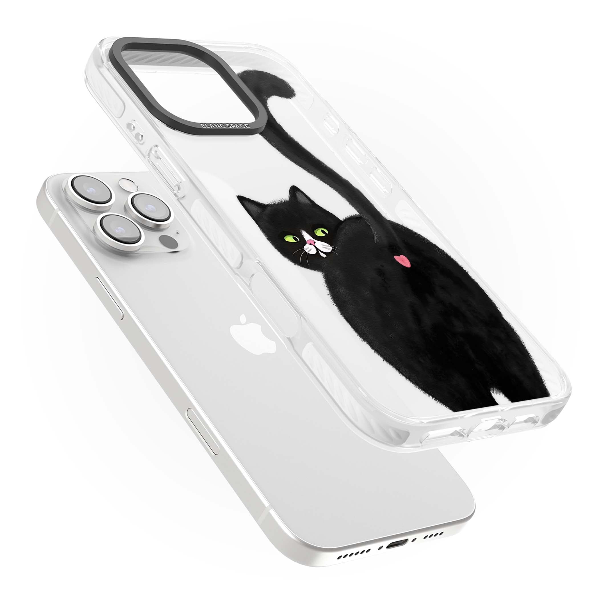 The Cat's Kiss cute cat iPhone case featuring a hand-painted tuxedo kitty with green eyes and a pink heart on a clear  | Clear Impact case for iPhone 16 Pro, iPhone 16 Pro Max