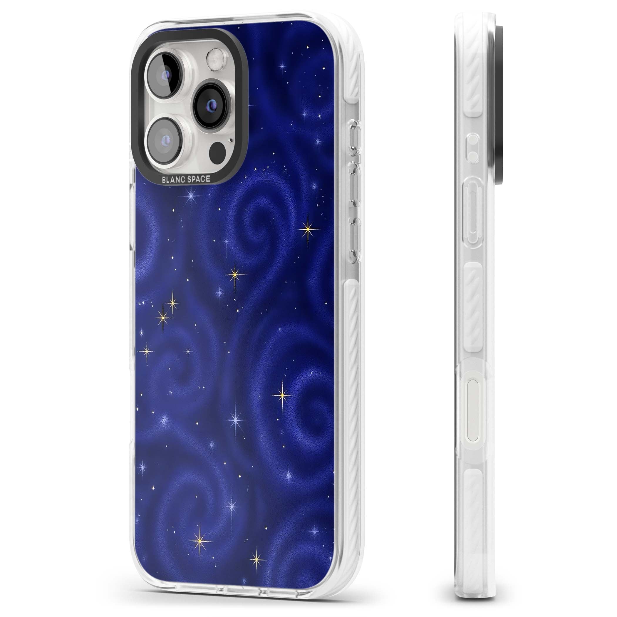 Indigo Cosmos celestial iPhone case featuring swirling navy night sky and sparkling golden stars | Clear Impact case for iPhone 16 Pro, iPhone 16 Pro Max