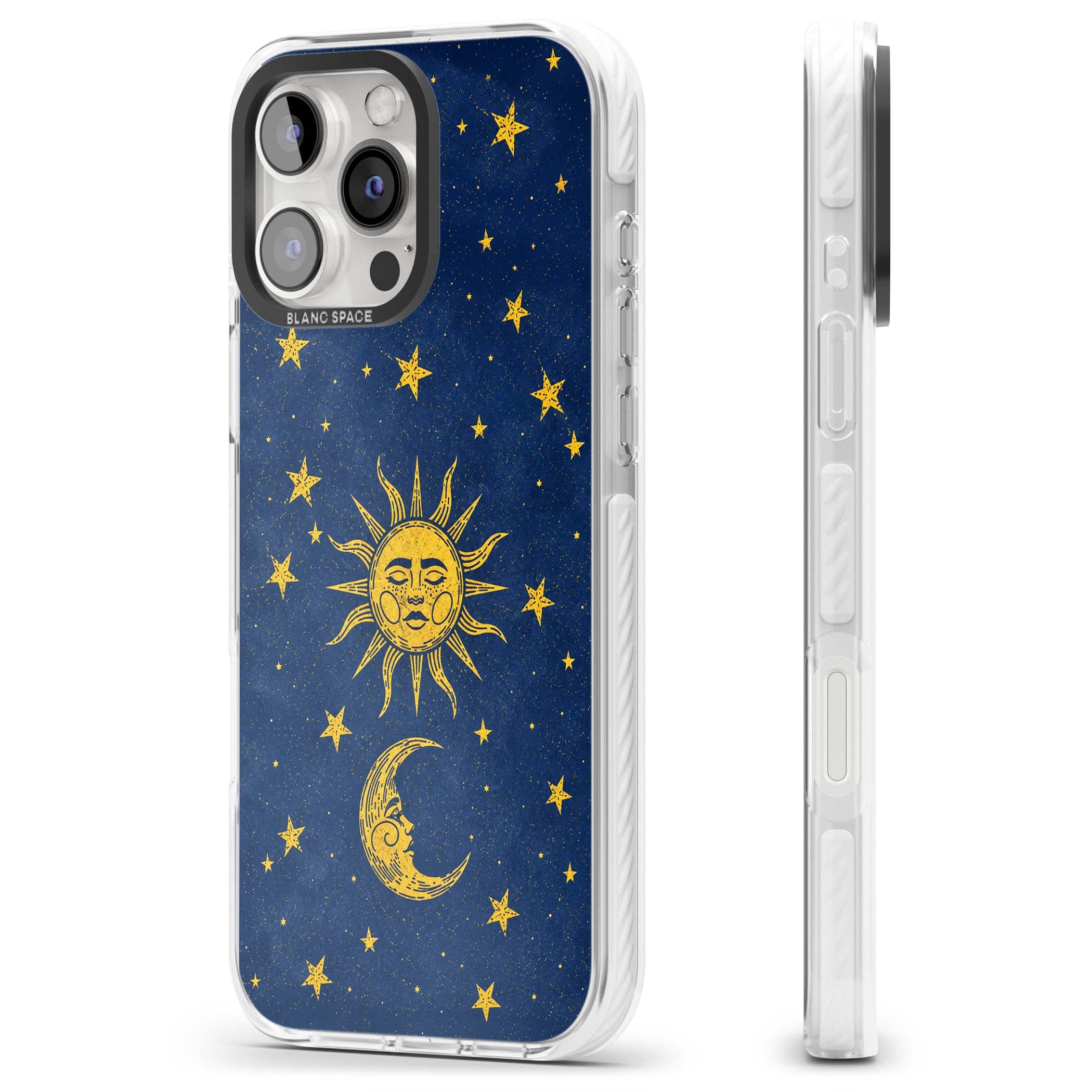 Sun & Moon Reverie celestial iPhone case featuring a vintage golden sun, crescent moon and scattered stars on midnight blue | Clear Impact case for iPhone 16 Pro, iPhone 16 Pro Max