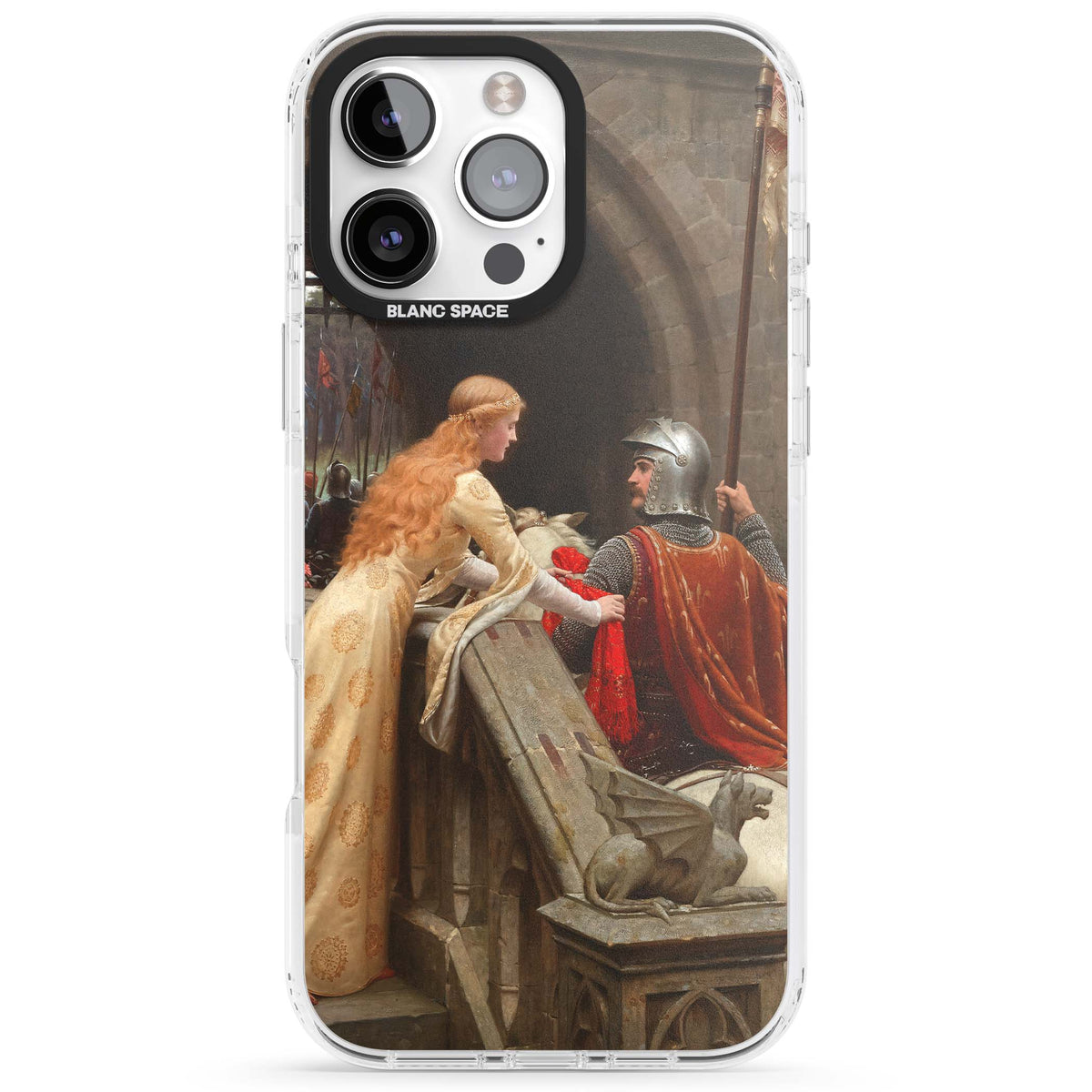 God Speed fine art iPhone case featuring Edmund Blair Leighton's medieval knight and lady beneath a stone archway | Clear Impact case for iPhone 16 Pro, iPhone 16 Pro Max