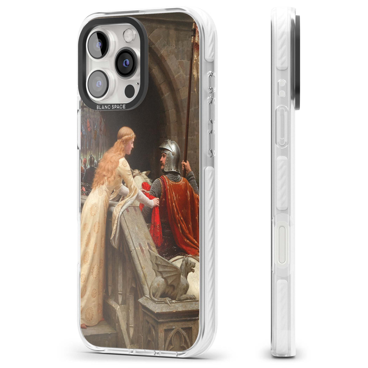 God Speed fine art iPhone case featuring Edmund Blair Leighton's medieval knight and lady beneath a stone archway | Clear Impact case for iPhone 16 Pro, iPhone 16 Pro Max