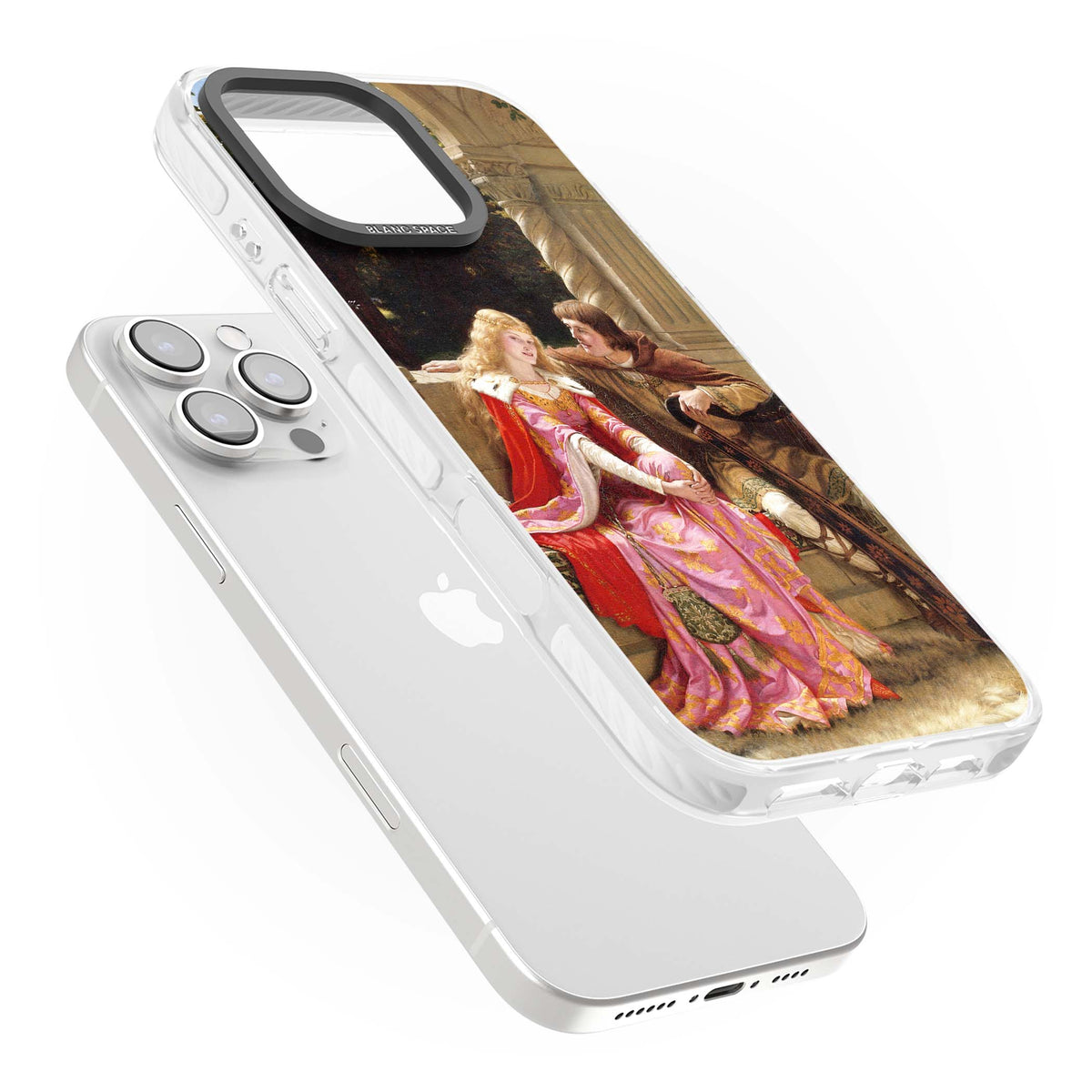 The End of the Song classic art iPhone case featuring a medieval lady in pink gown and her knight in a stone archway | Clear Impact case for iPhone 16 Pro, iPhone 16 Pro Max