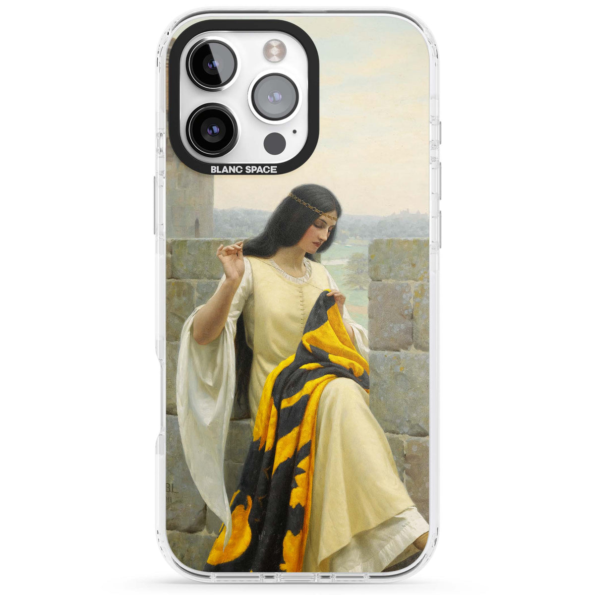 Stitching the Standard renaissance art iPhone case featuring a medieval lady sewing a golden banner on a castle wall | Clear Impact case for iPhone 16 Pro, iPhone 16 Pro Max