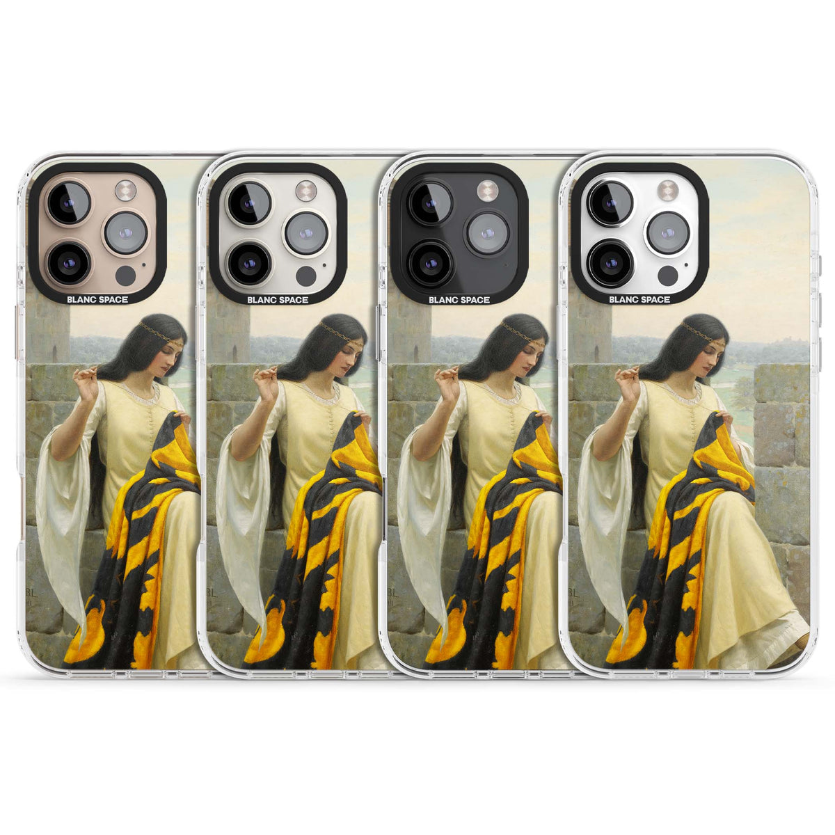 Stitching the Standard renaissance art iPhone case featuring a medieval lady sewing a golden banner on a castle wall | Clear Impact case for iPhone 16 Pro, iPhone 16 Pro Max
