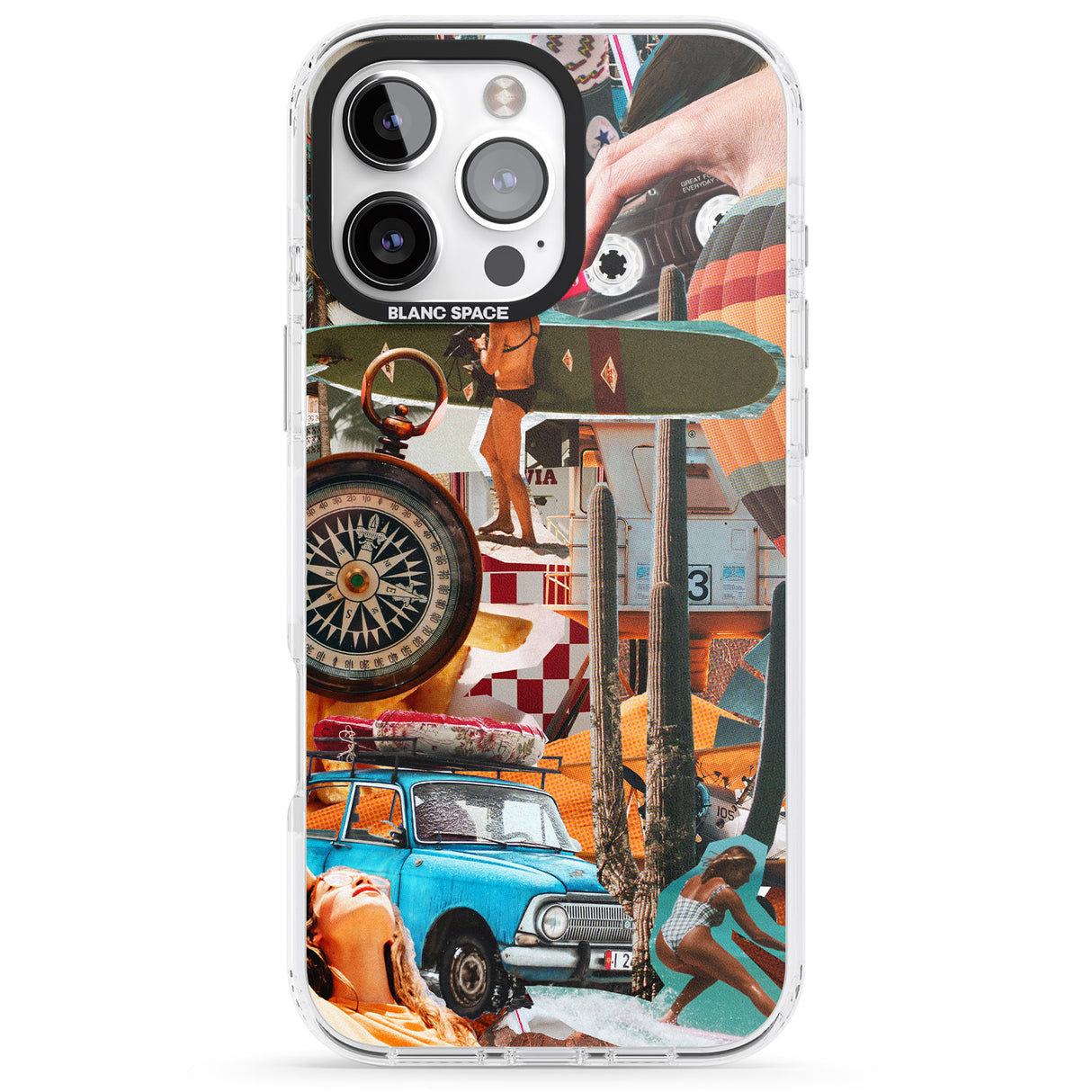 iPhone 16 Pro Max Vintage Collage: Road Trip Black Impact Phone Case