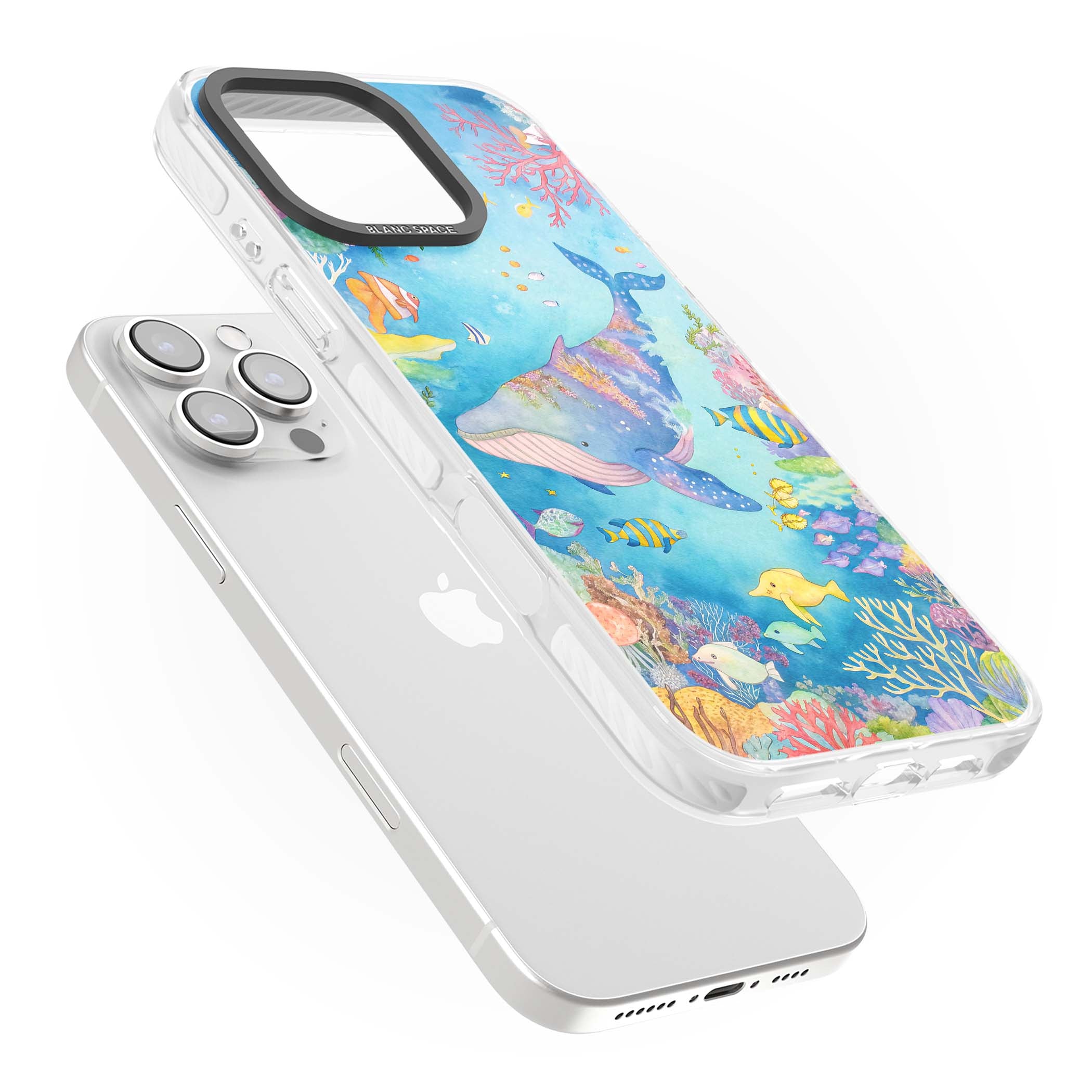 Coral Lagoon ocean iPhone case featuring a watercolour whale, coral reef and tropical fish | Clear Impact case for iPhone 16 Pro, iPhone 16 Pro Max