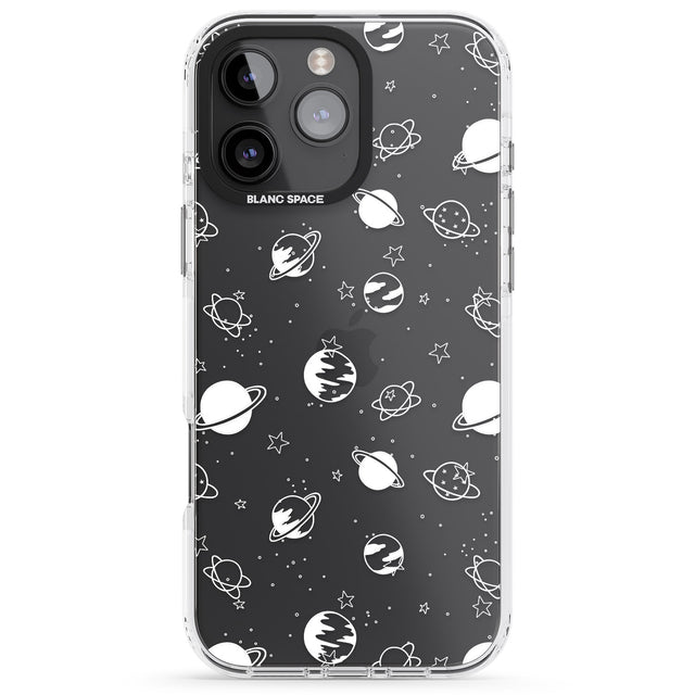 iPhone 16 Pro Max White Planets on Clear Black Impact Phone Case