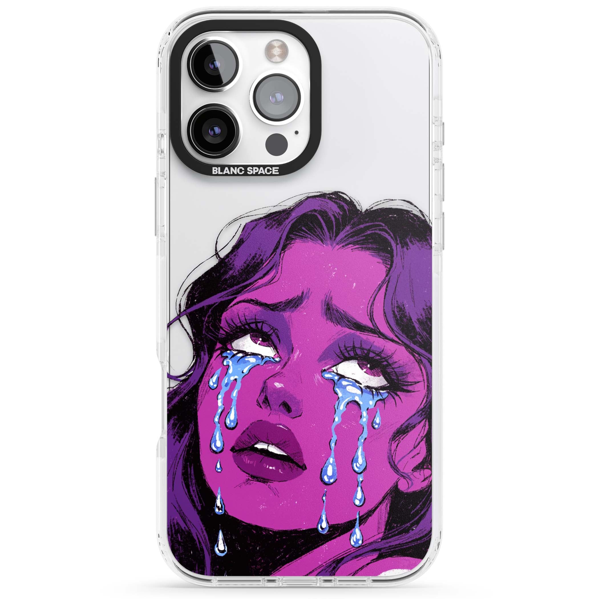 Drama Queen pop art iPhone case featuring a purple crying comic girl with blue tears | Clear Impact case for iPhone 16 Pro, iPhone 16 Pro Max
