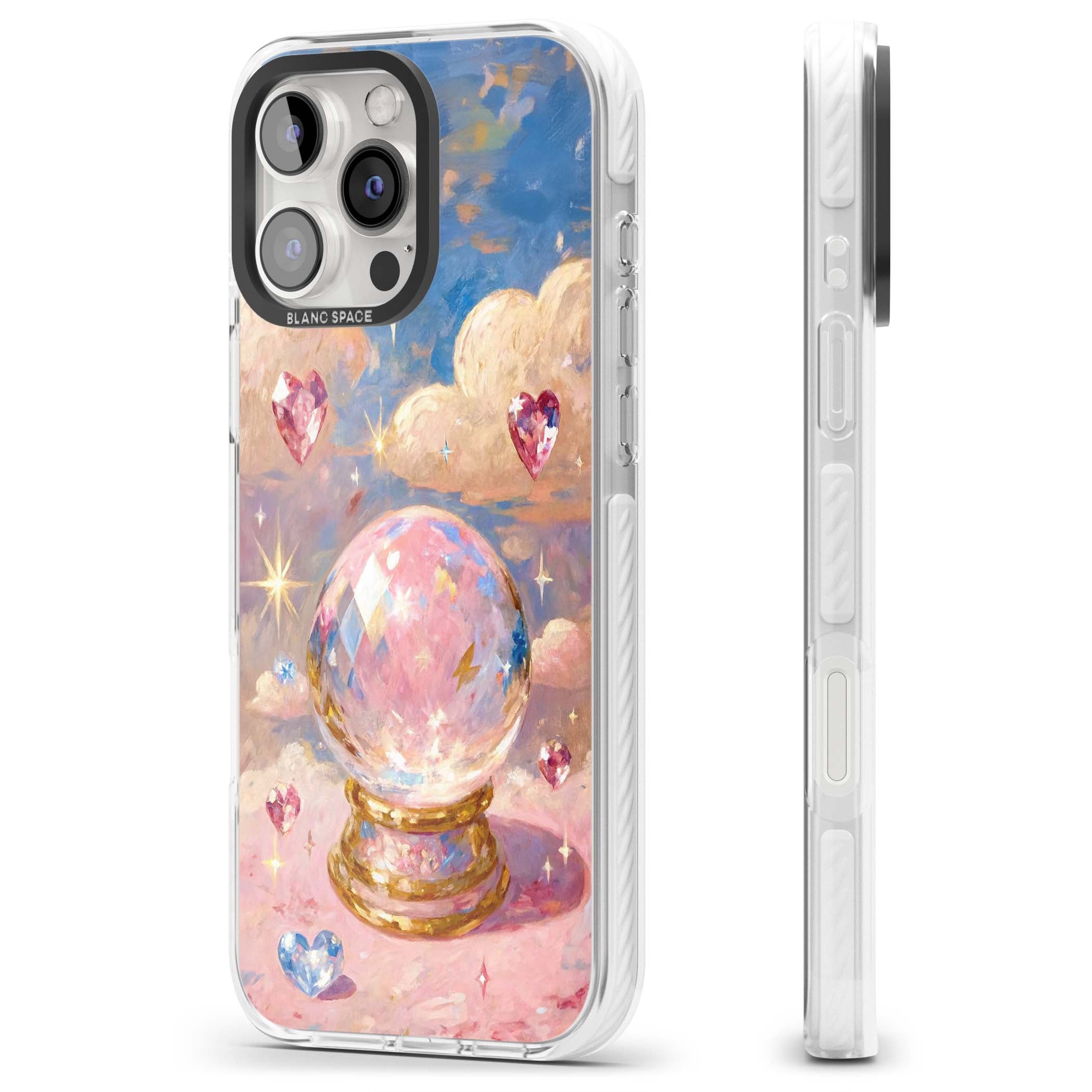 Crystal Ball fairycore iPhone case featuring a painted crystal ball, heart gemstones, and pastel clouds | Clear Impact case for iPhone 16 Pro, iPhone 16 Pro Max
