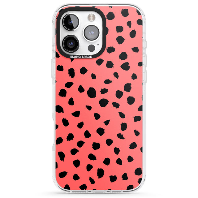 iPhone 16 Pro Max Black on Salmon Pink Dalmatian Polka Dot Spots Black Impact Phone Case