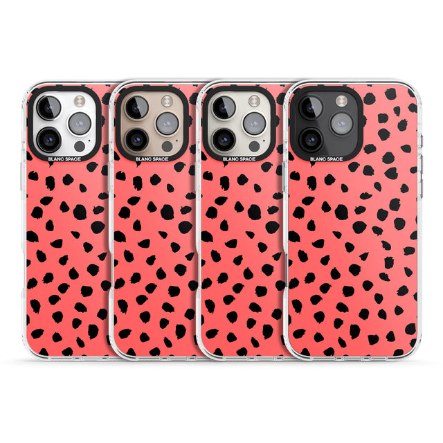 iPhone 16 Pro Max Black on Salmon Pink Dalmatian Polka Dot Spots Black Impact Phone Case