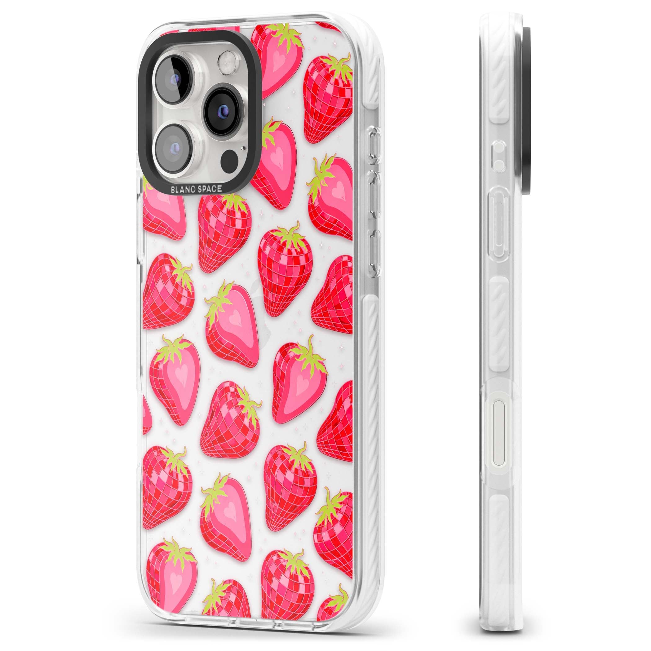 Disco Strawberry Y2K iPhone case featuring pink disco-ball strawberries, green leaves and tiny sparkles | Clear Impact case for iPhone 16 Pro, iPhone 16 Pro Max