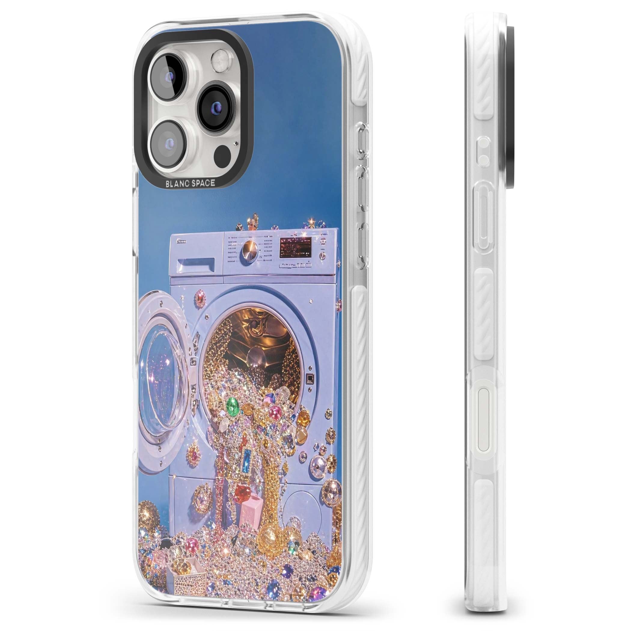 Gem Laundry baddie iPhone case featuring a surreal washing machine overflowing with colourful gemstones and crystals | Clear Impact case for iPhone 16 Pro, iPhone 16 Pro Max