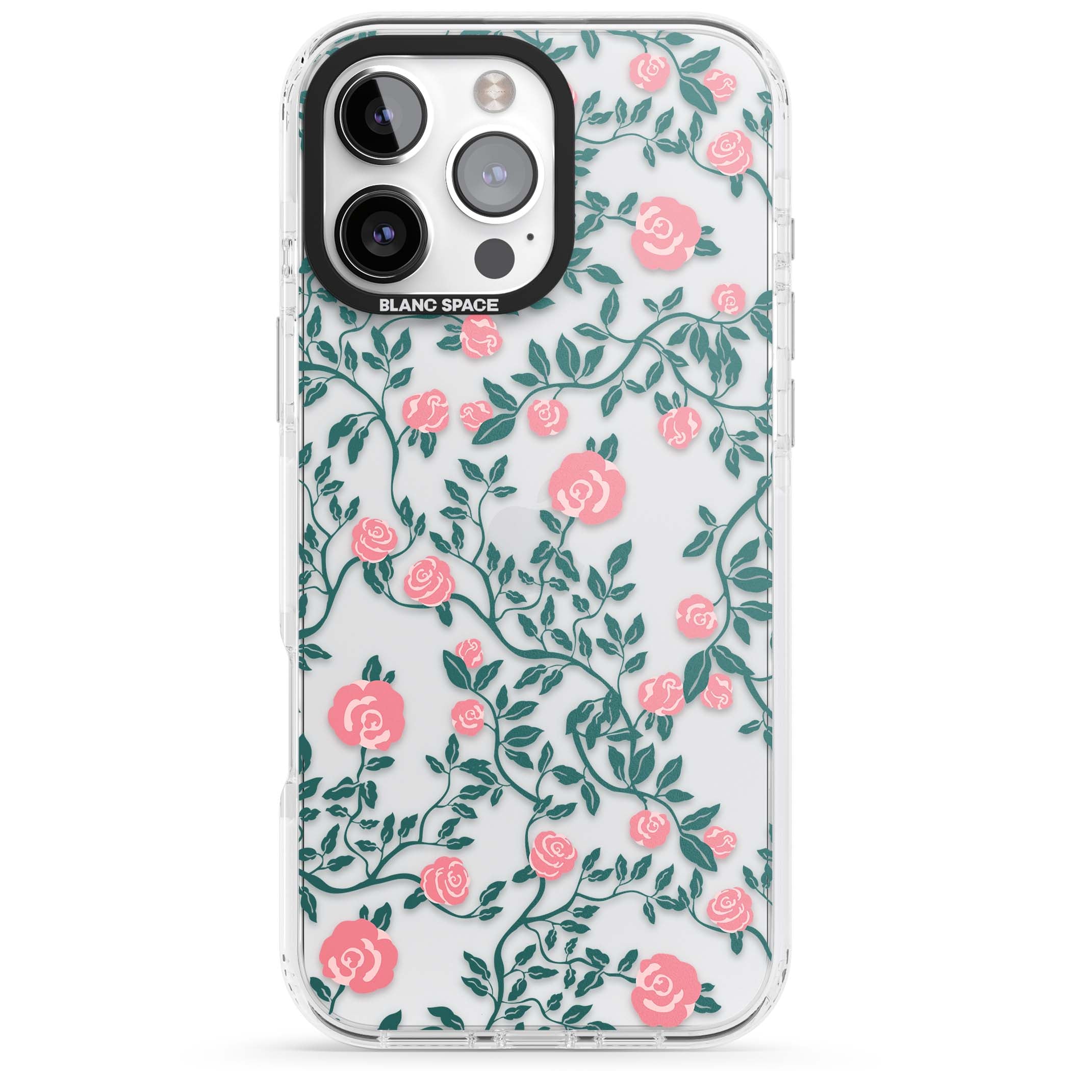 Rose Trellis (Clear) cottagecore iPhone case featuring pink climbing roses and green leaves on clear background | Clear Impact case for iPhone 16 Pro, iPhone 16 Pro Max