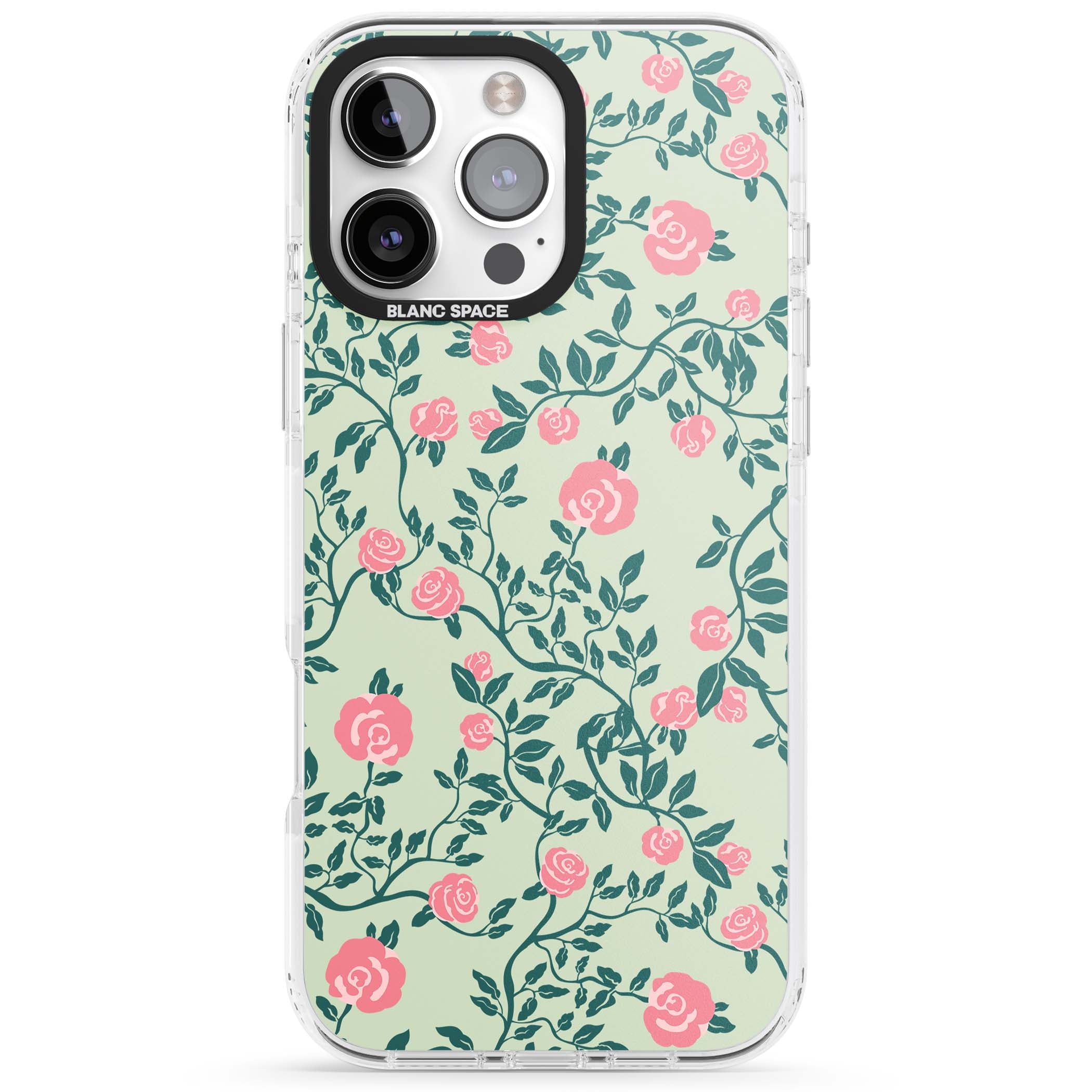 Rose Trellis cottagecore iPhone case featuring pink roses, sage green vines, and mint background | Clear Impact case for iPhone 16 Pro, iPhone 16 Pro Max