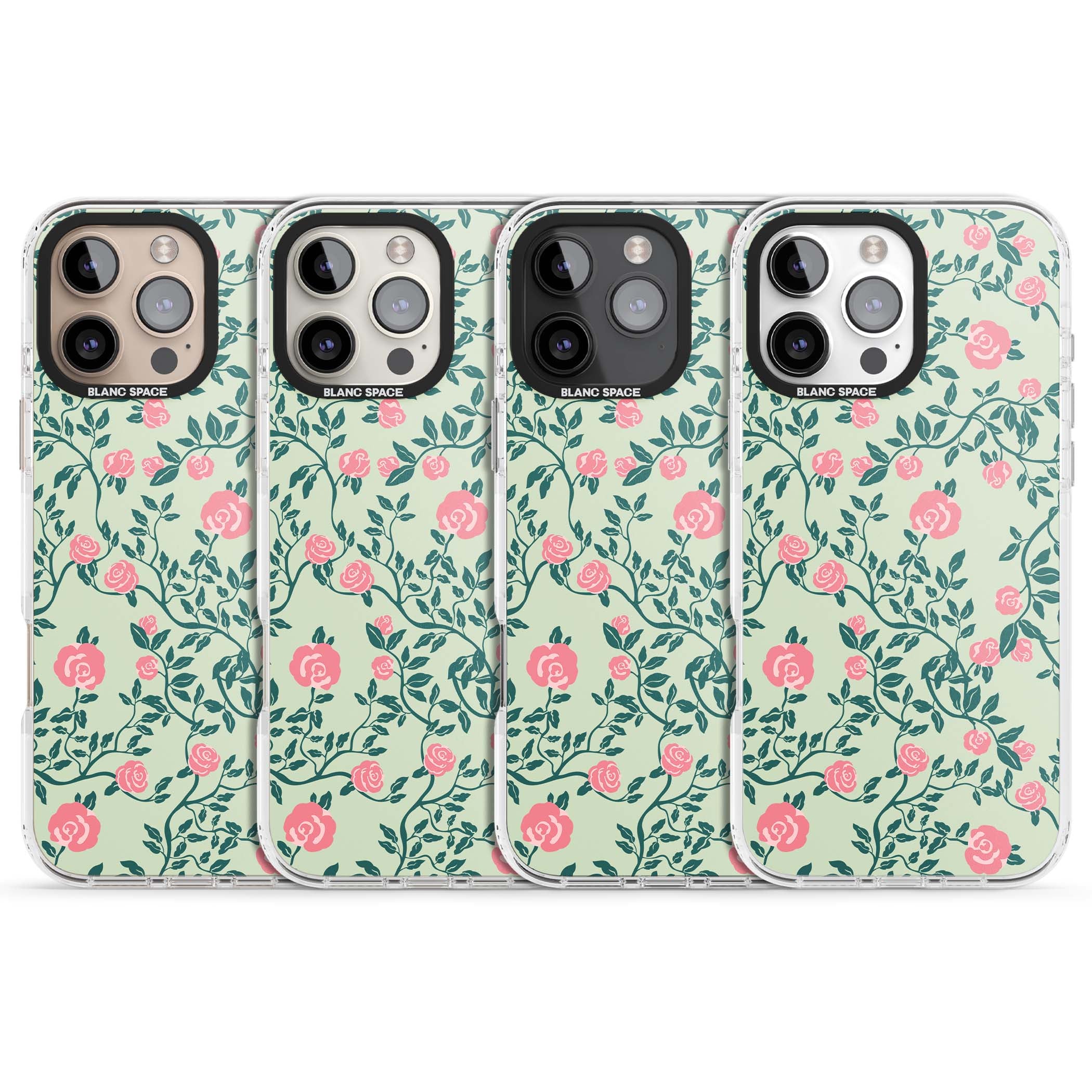Rose Trellis cottagecore iPhone case featuring pink roses, sage green vines, and mint background | Clear Impact case for iPhone 16 Pro, iPhone 16 Pro Max