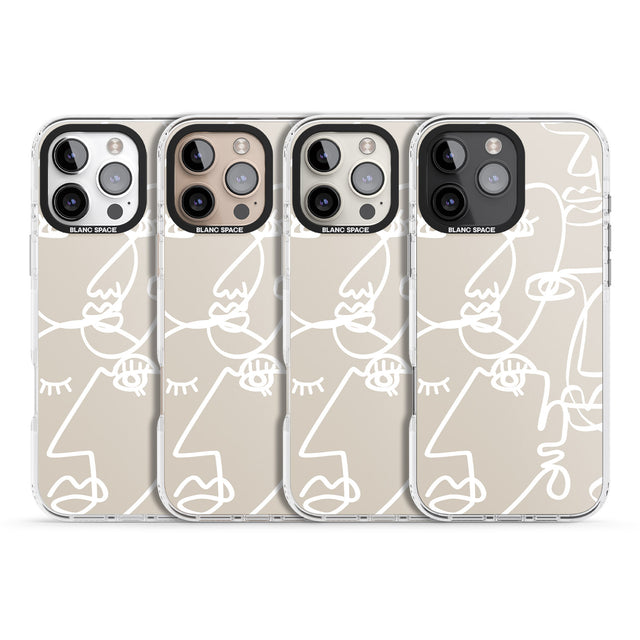 iPhone 16 Pro Max Abstract Continuous Line Faces White on Beige Black Impact Phone Case