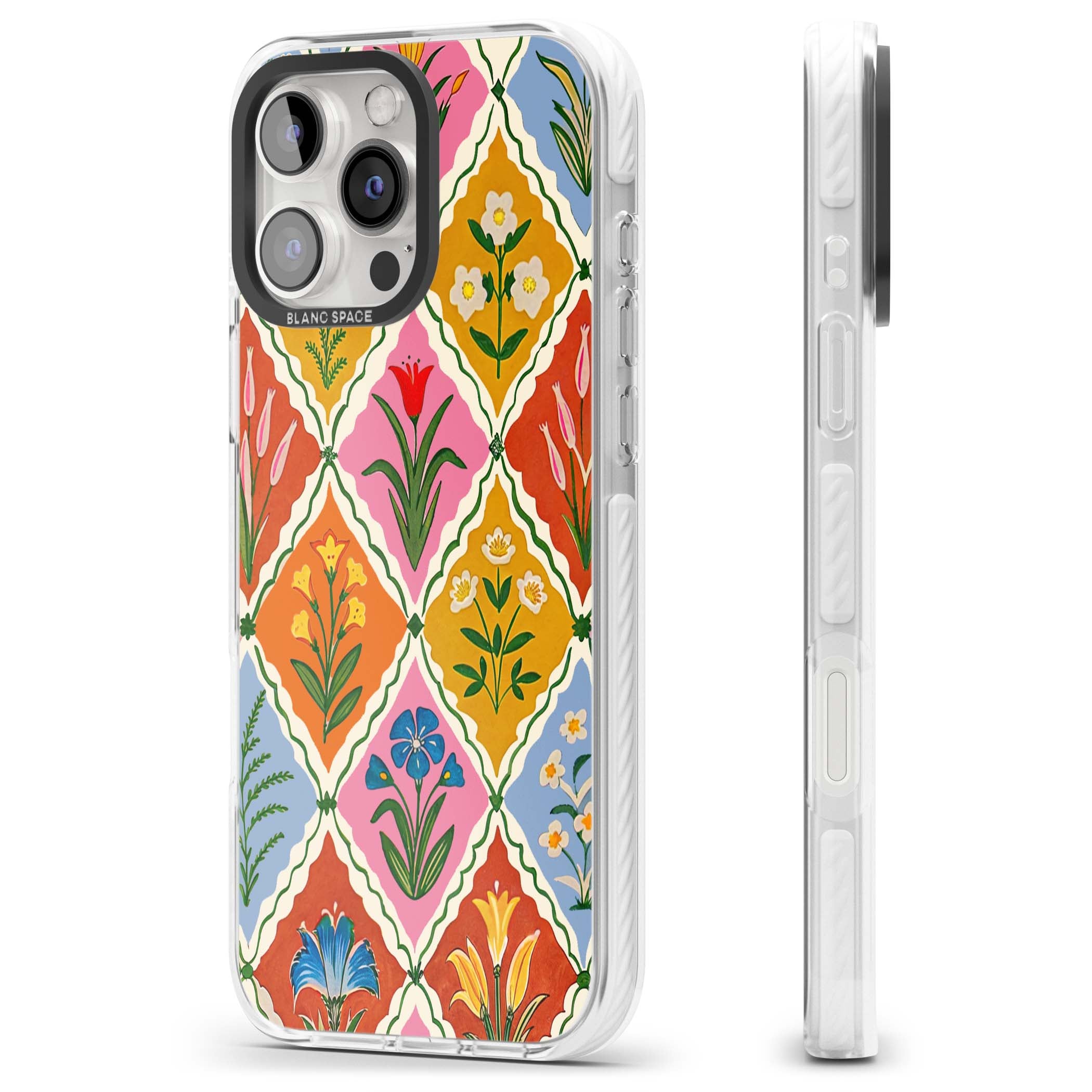 Floral Quilt boho floral iPhone case featuring diamond lattice pattern, hand-painted tulips and folk art wildflowers | Clear Impact case for iPhone 16 Pro, iPhone 16 Pro Max